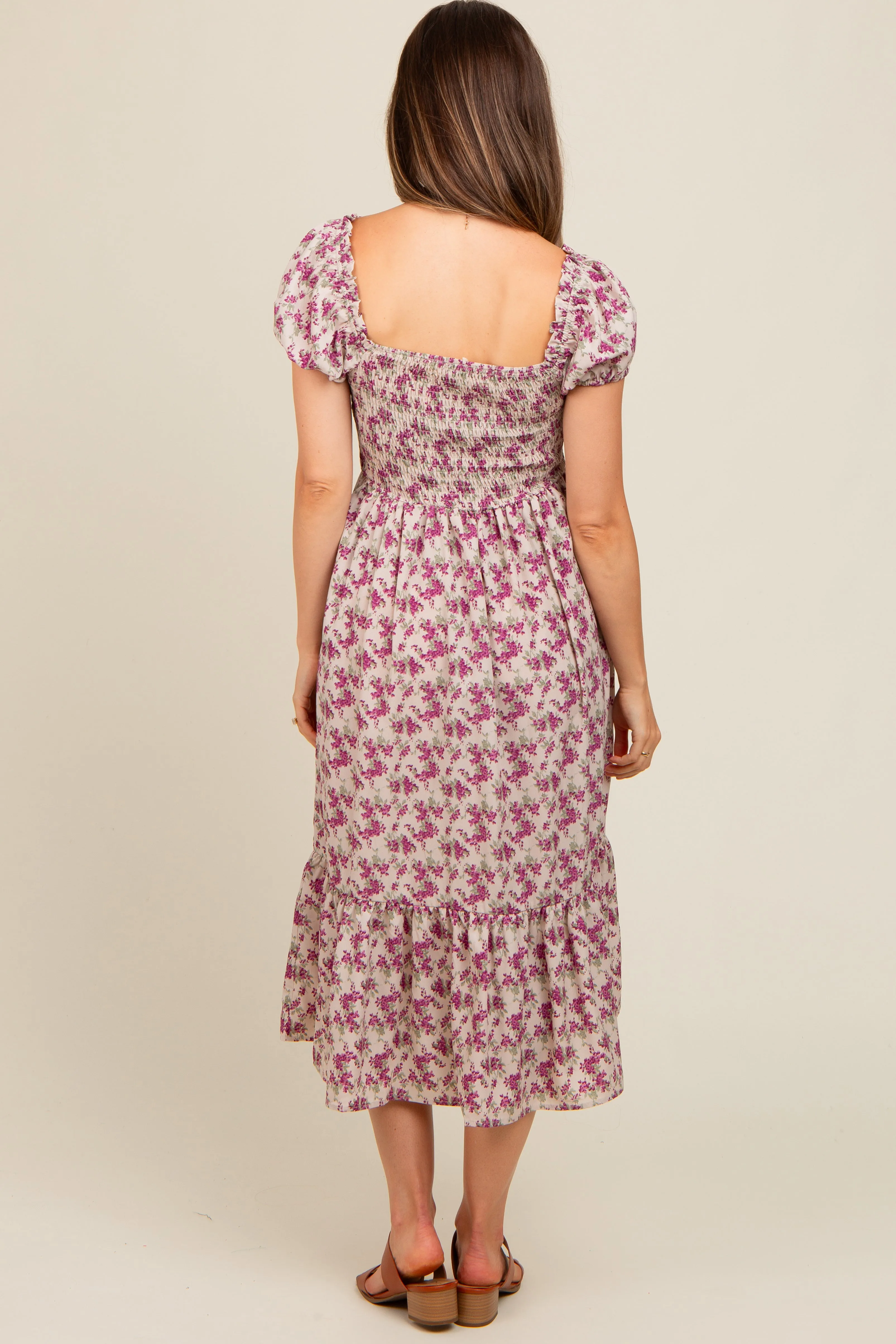 Magenta Floral Smocked Ruffle Hem Maternity Midi Dress sold by Pinkblush product image thumbnail 4