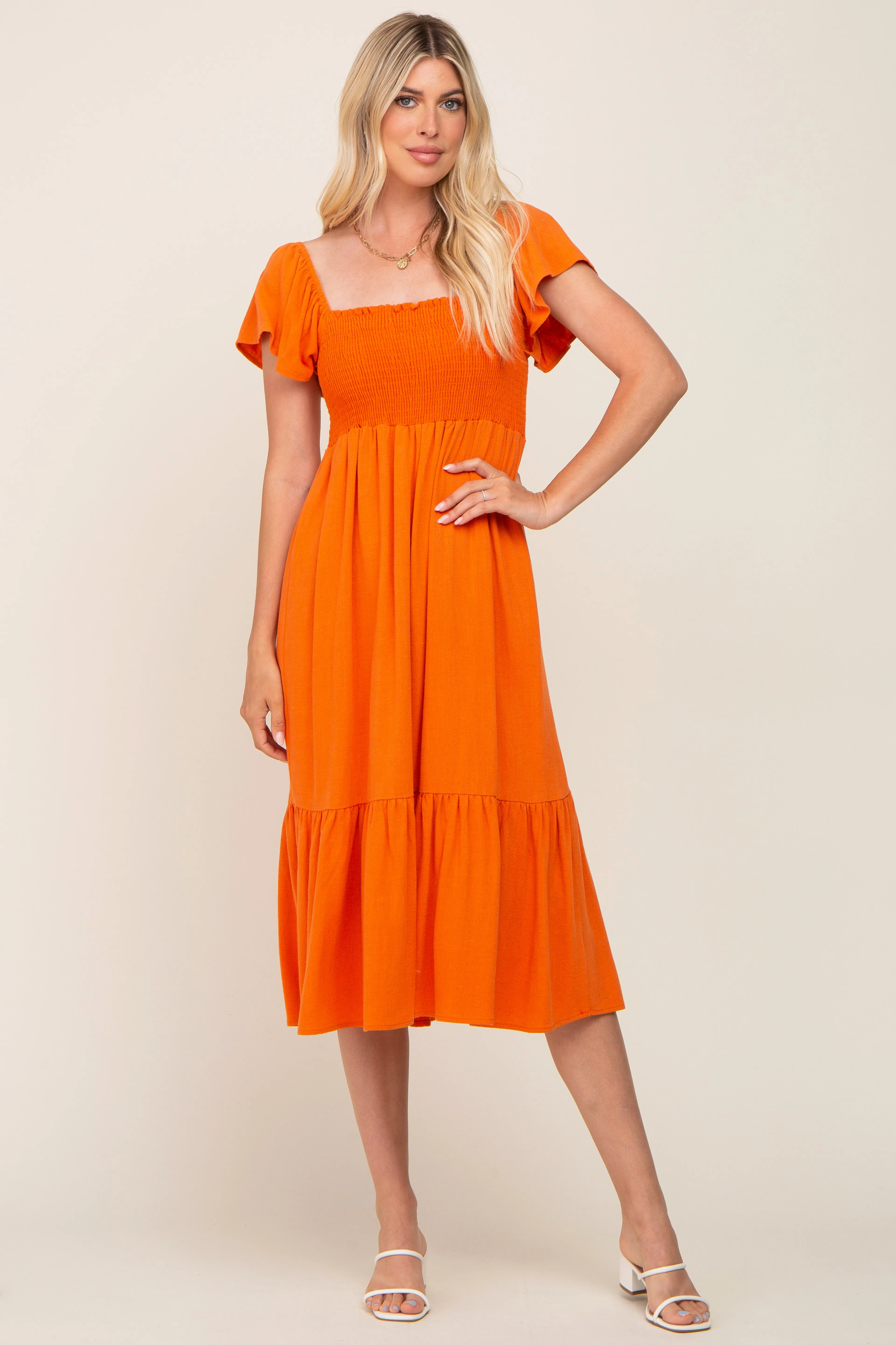 Orange Smocked Ruffle Hem Midi Dress sold by Pinkblush product image thumbnail 4