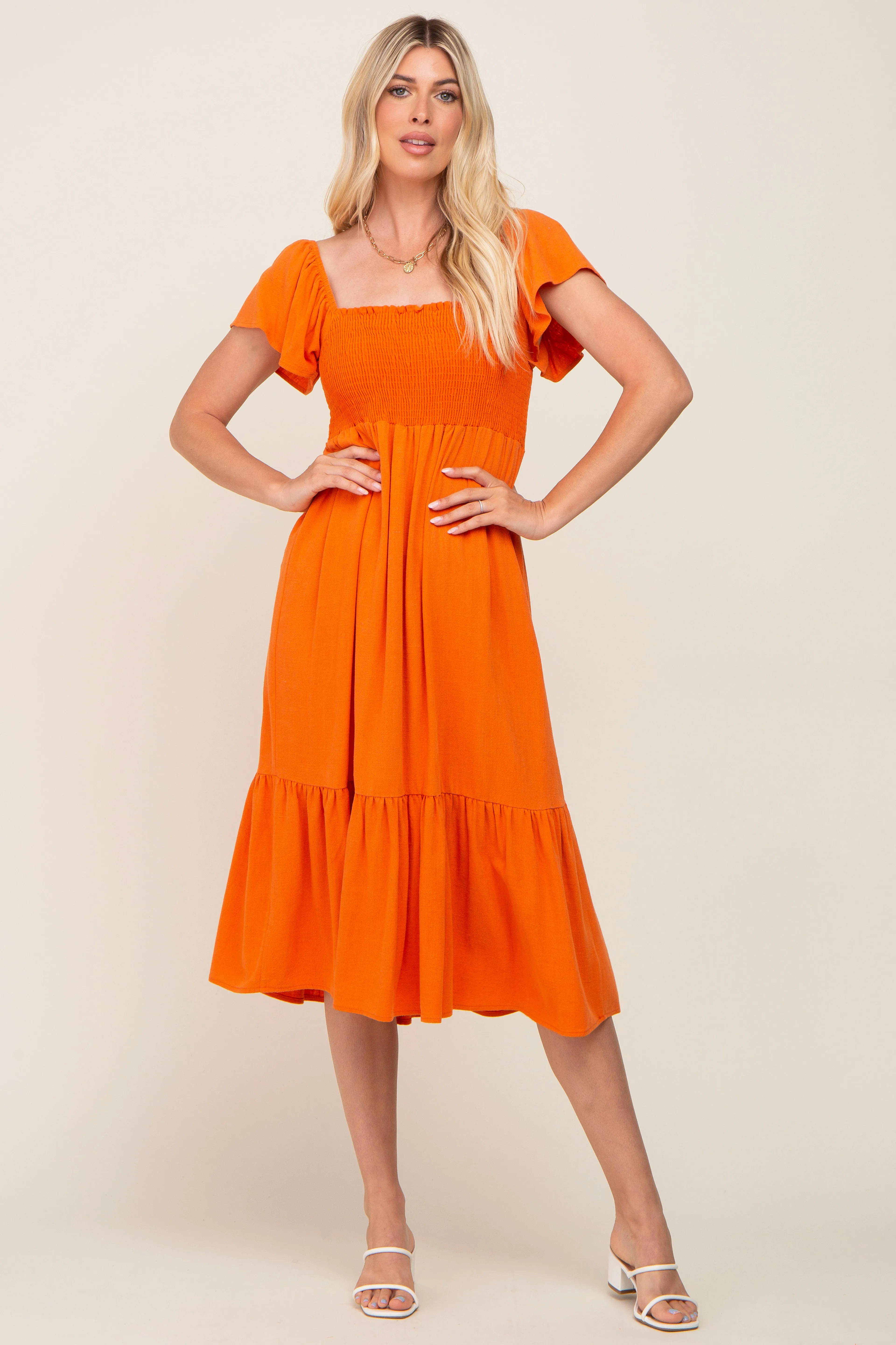 Orange Smocked Ruffle Hem Midi Dress sold by Pinkblush