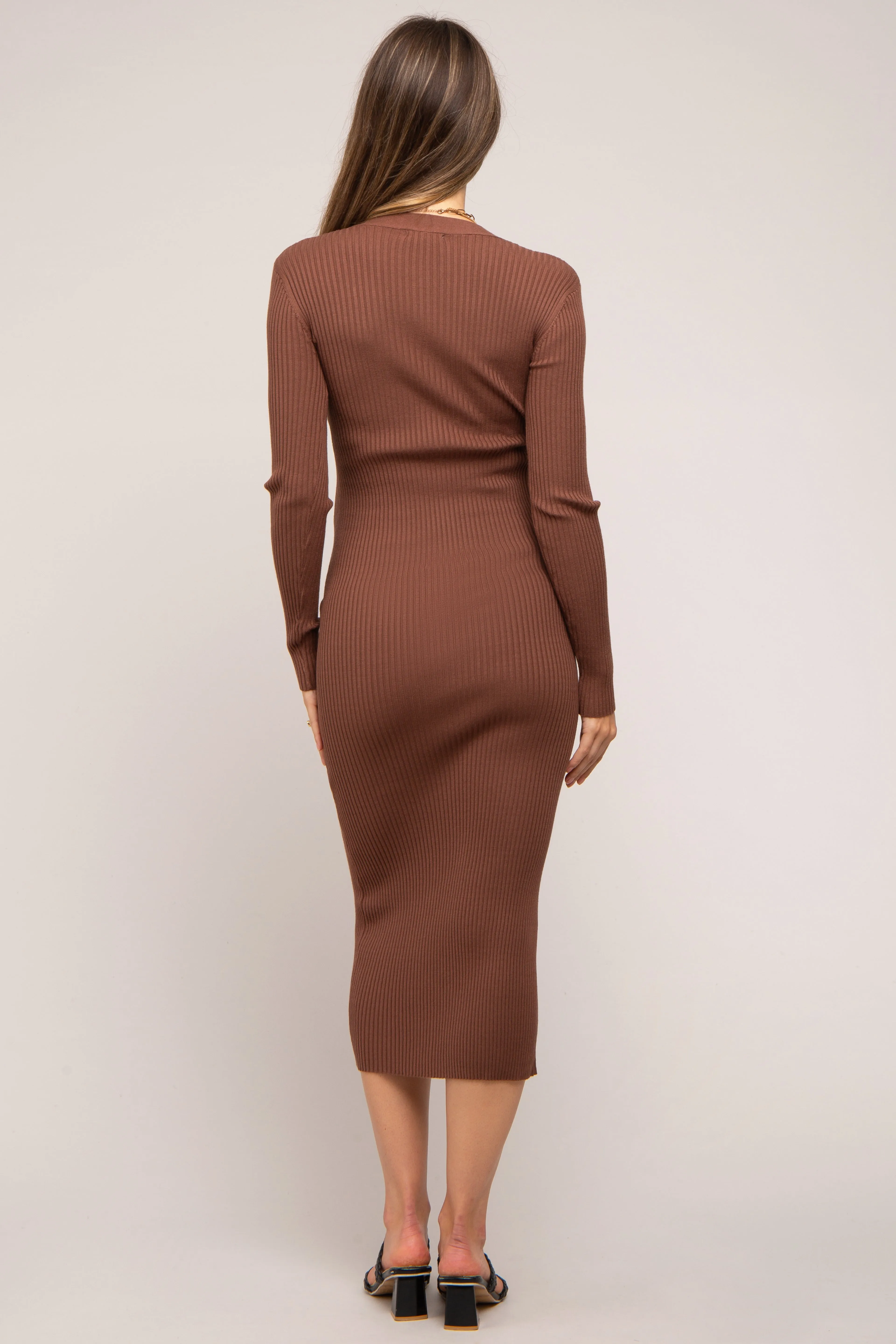 Mocha Ribbed Button Front Long Sleeve Maternity Dress sold by Pinkblush product image thumbnail 4