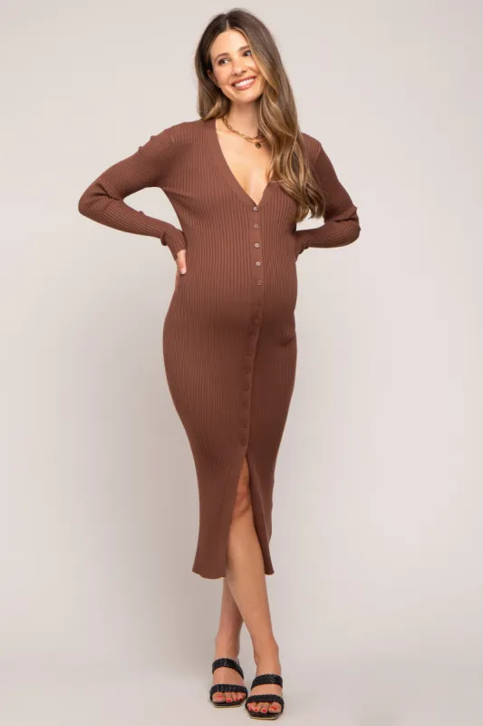 Mocha Ribbed Button Front Long Sleeve Maternity Dress sold by Pinkblush