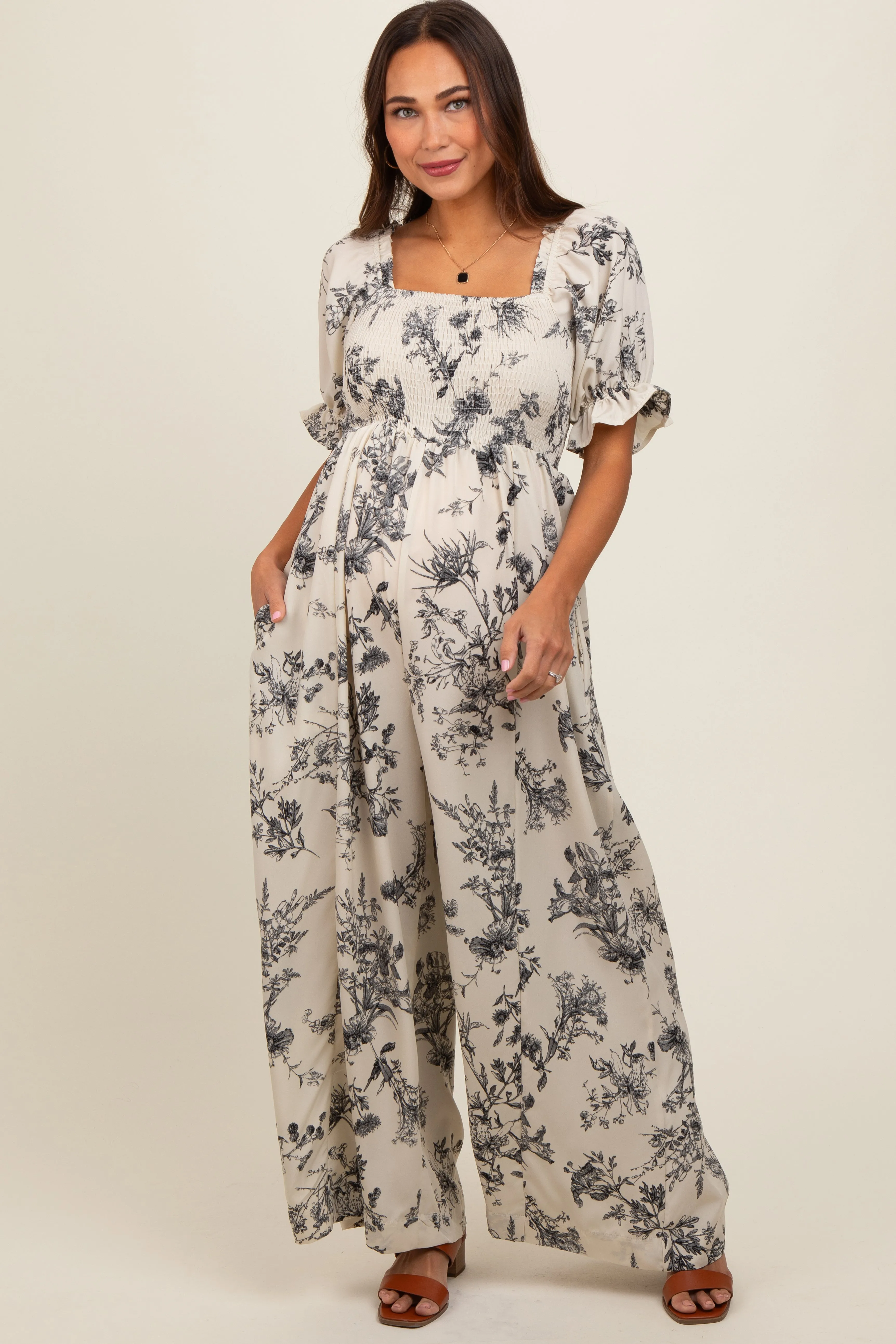 White Floral Smocked Square Neck Wide Leg Maternity Jumpsuit sold by Pinkblush