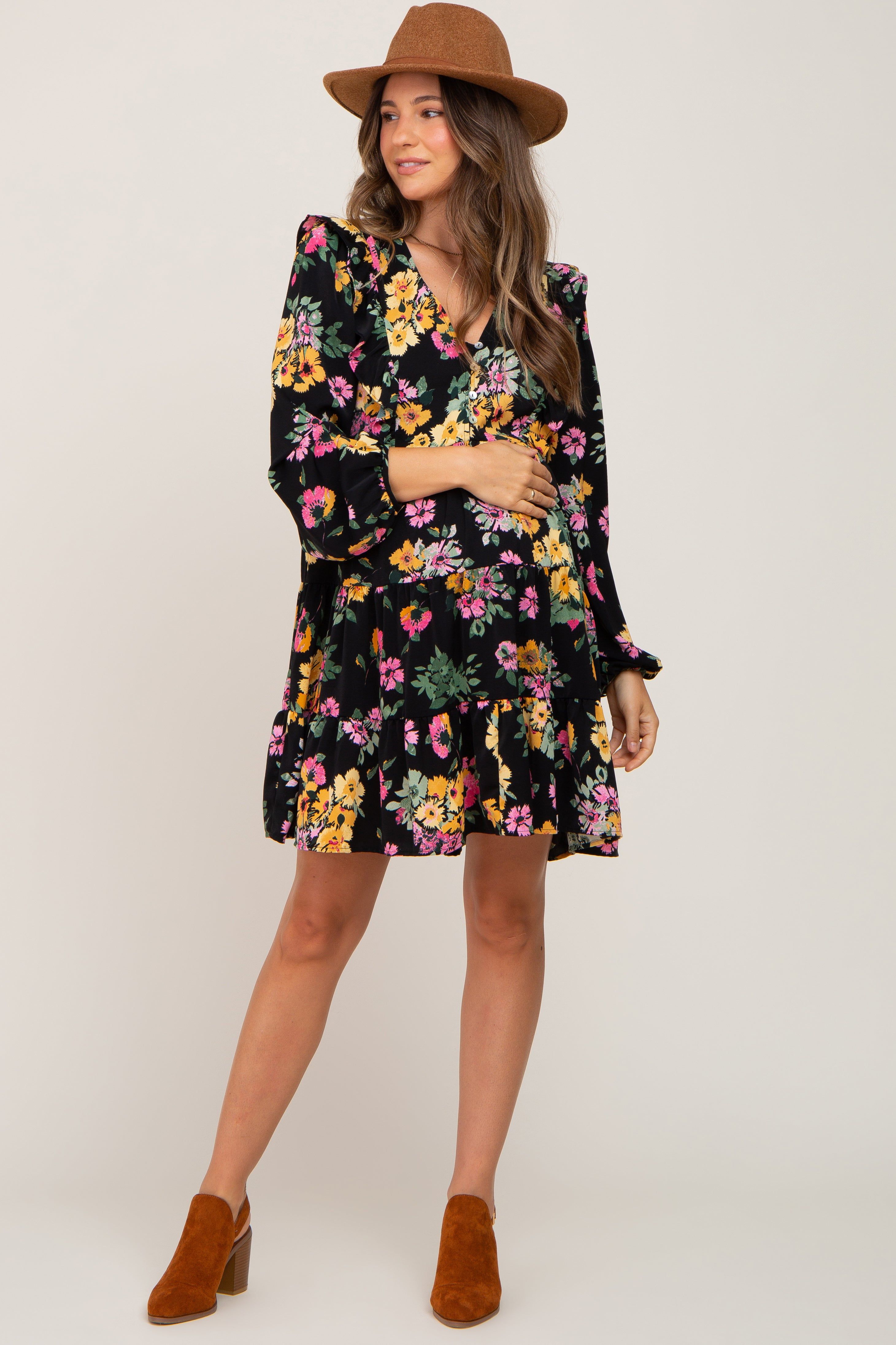 Black Floral Ruffle Accent Long Sleeve Maternity Dress sold by Pinkblush product image thumbnail 5