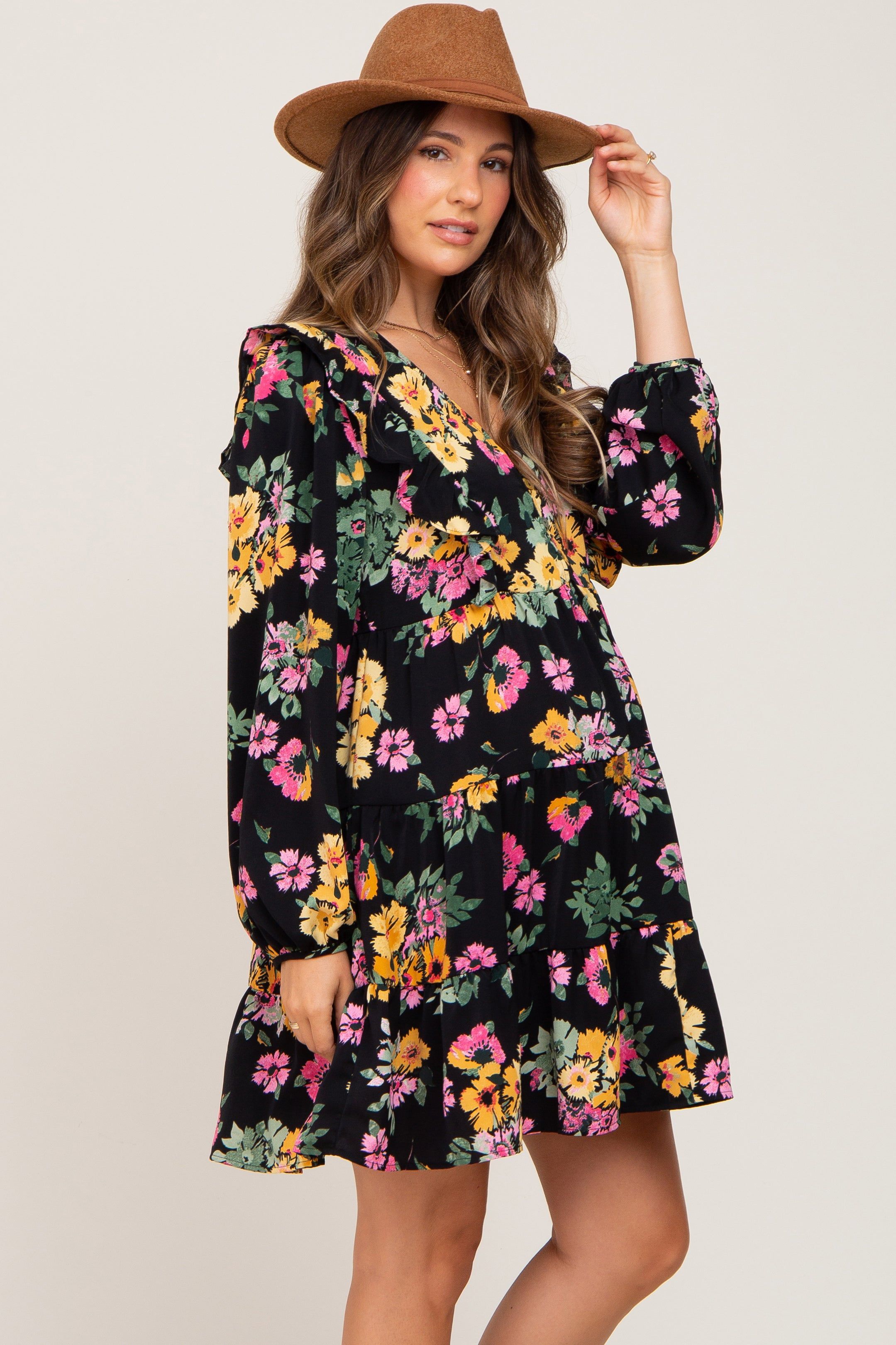 Black Floral Ruffle Accent Long Sleeve Maternity Dress sold by Pinkblush product image thumbnail 2