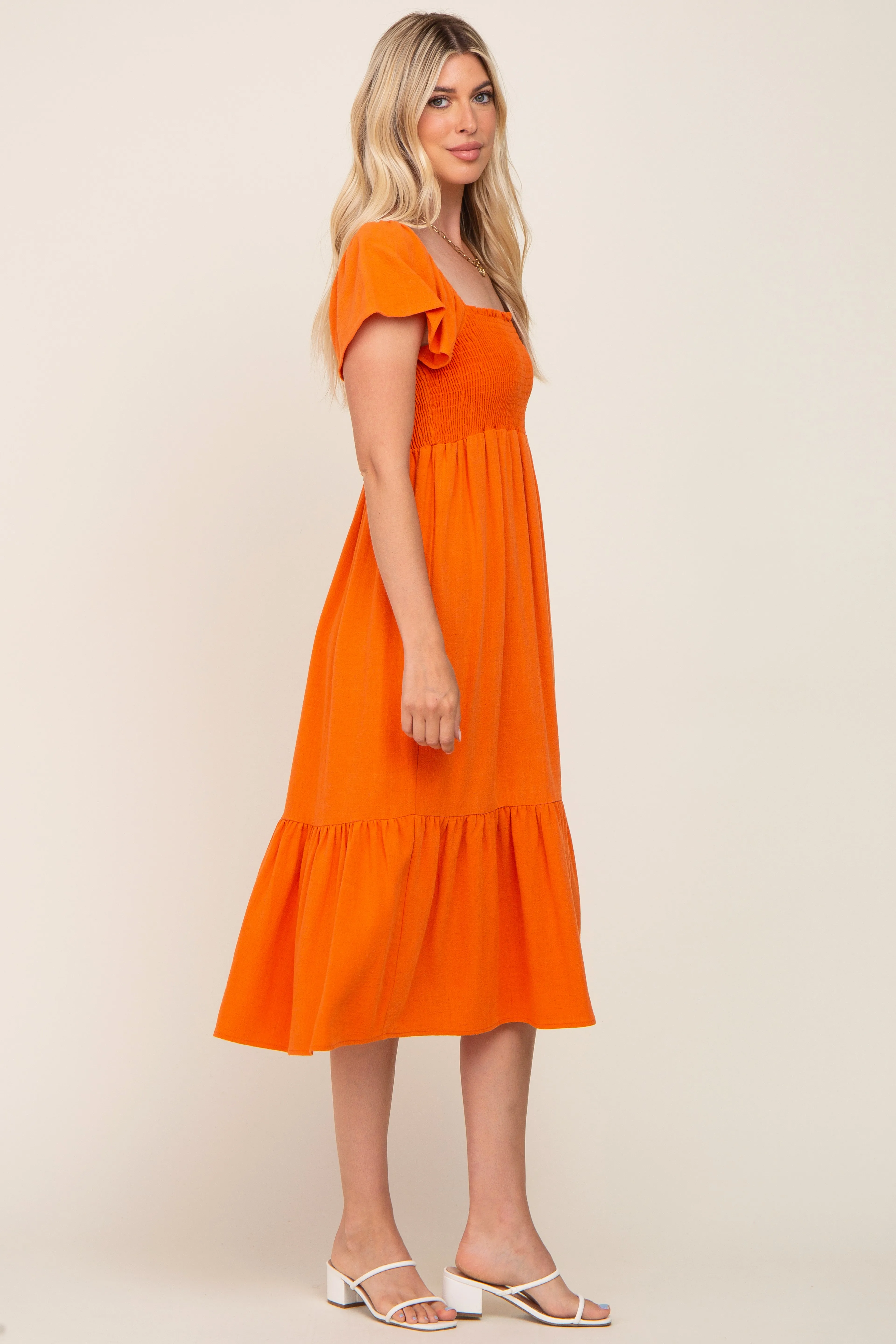 Orange Smocked Ruffle Hem Midi Dress sold by Pinkblush product image thumbnail 2