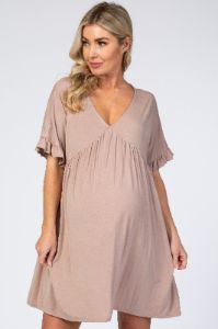 Taupe Ruffle Sleeve Baby Doll Maternity Dress sold by Pinkblush