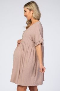 Taupe Ruffle Sleeve Baby Doll Maternity Dress sold by Pinkblush