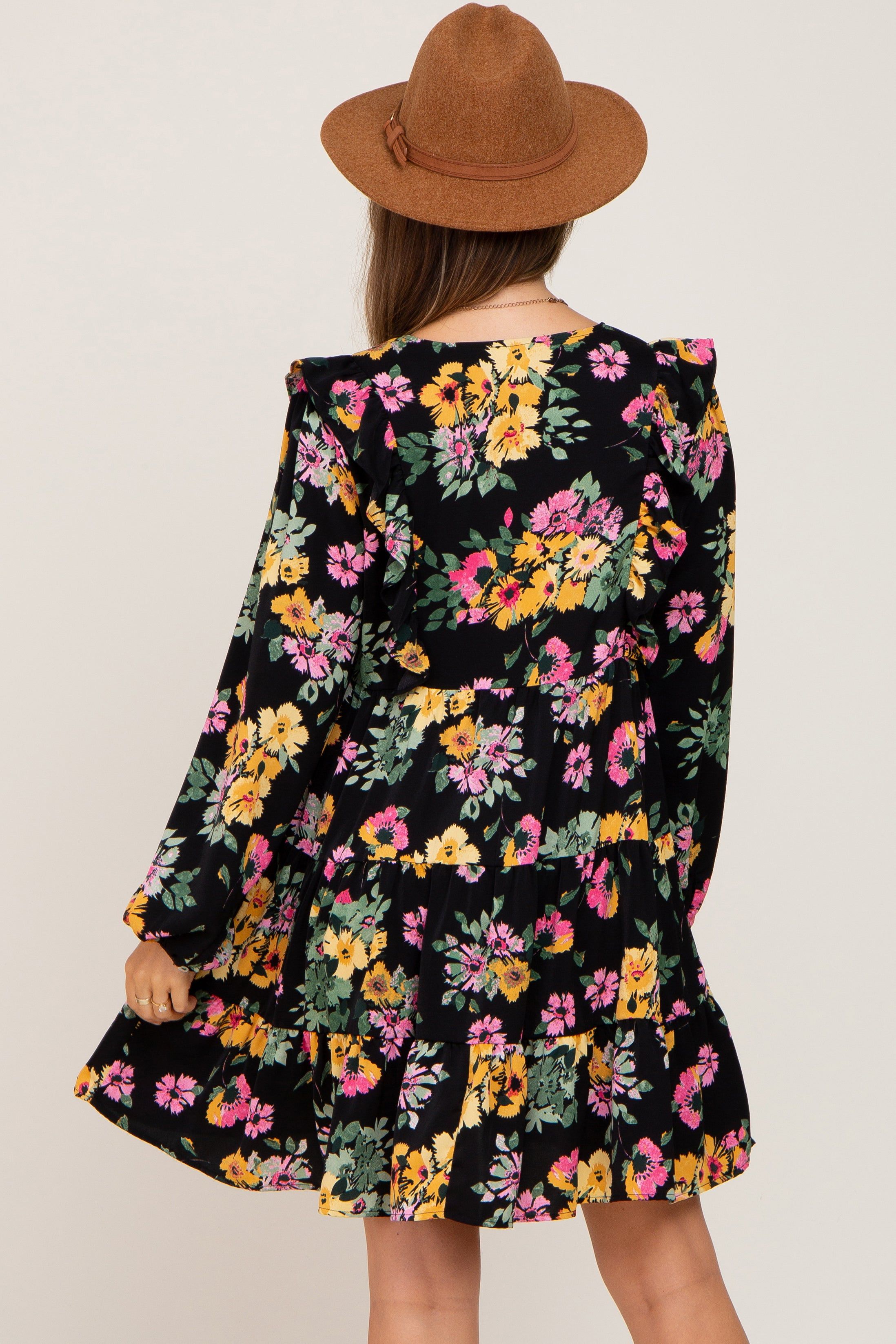 Black Floral Ruffle Accent Long Sleeve Maternity Dress sold by Pinkblush product image thumbnail 3