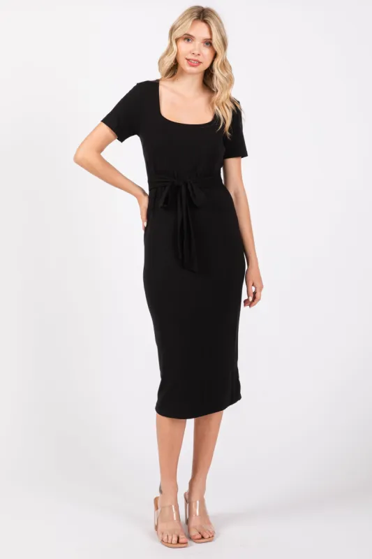 Black Square Neck Belted Midi Dress sold by Pinkblush