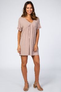 Taupe Ruffle Sleeve Baby Doll Maternity Dress sold by Pinkblush