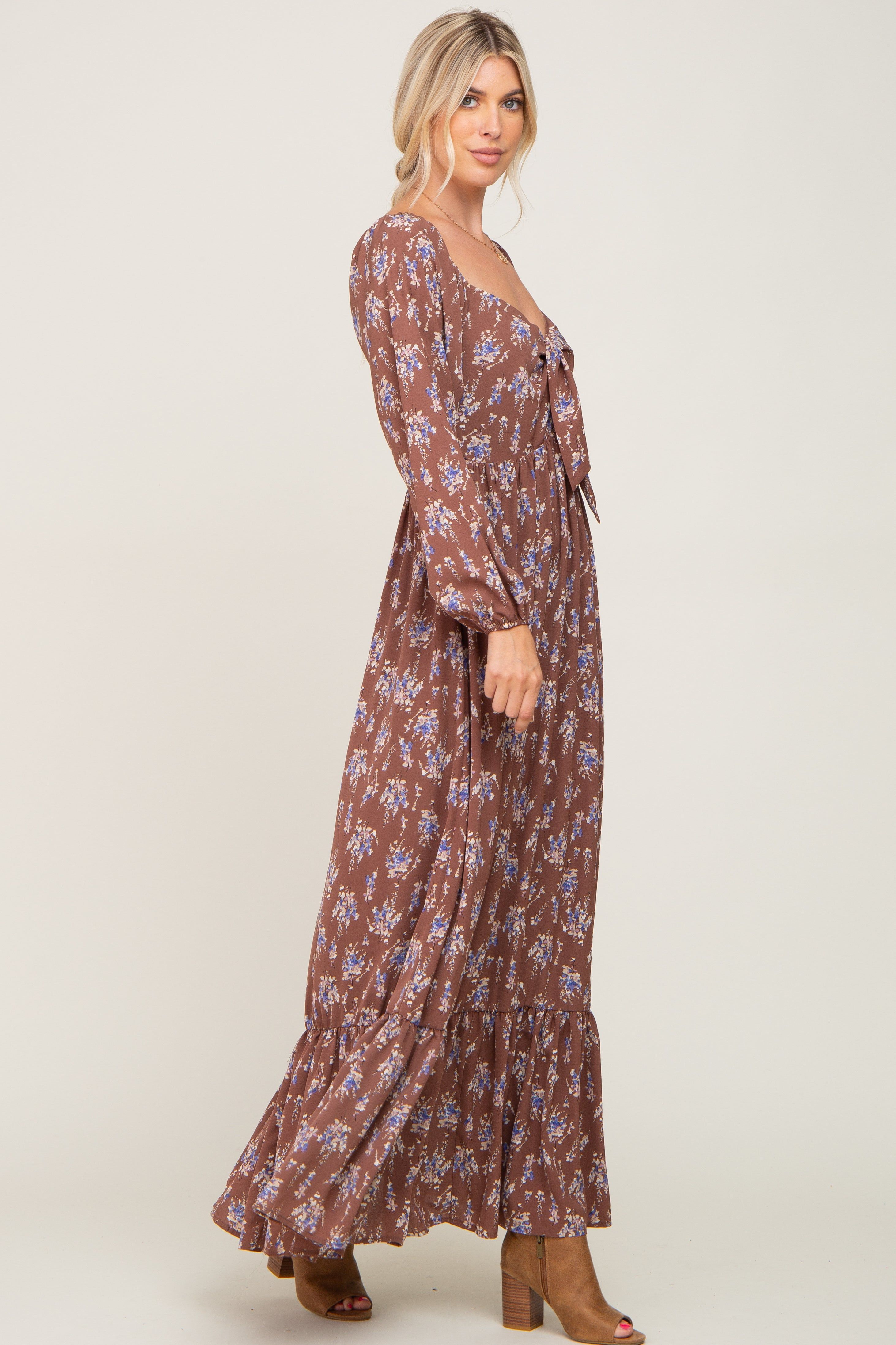Mocha Floral Tie Front Maxi Dress sold by Pinkblush product image thumbnail 2