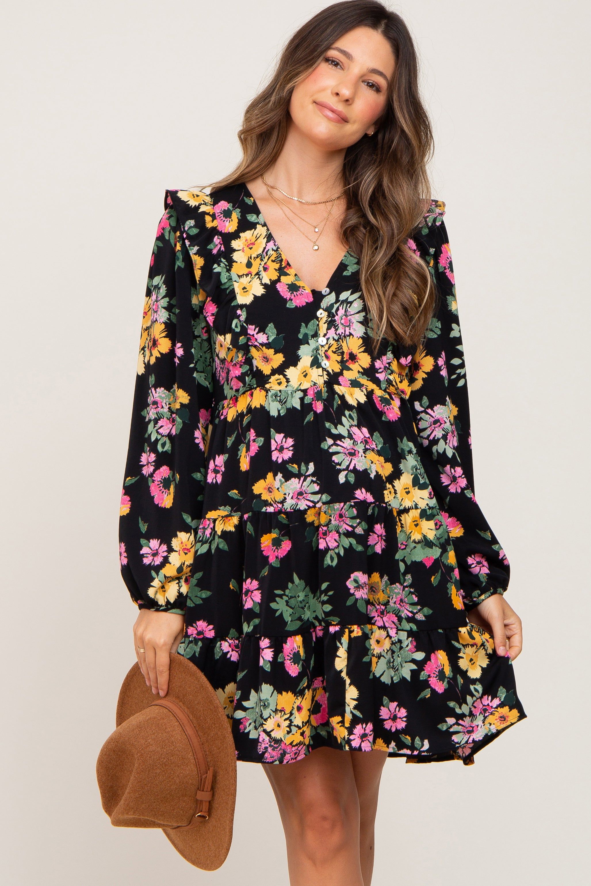 Black Floral Ruffle Accent Long Sleeve Maternity Dress sold by Pinkblush
