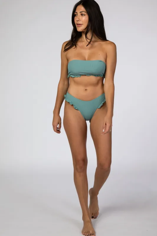 Sage Ribbed Ruffle Accent Bikini Set sold by Pinkblush