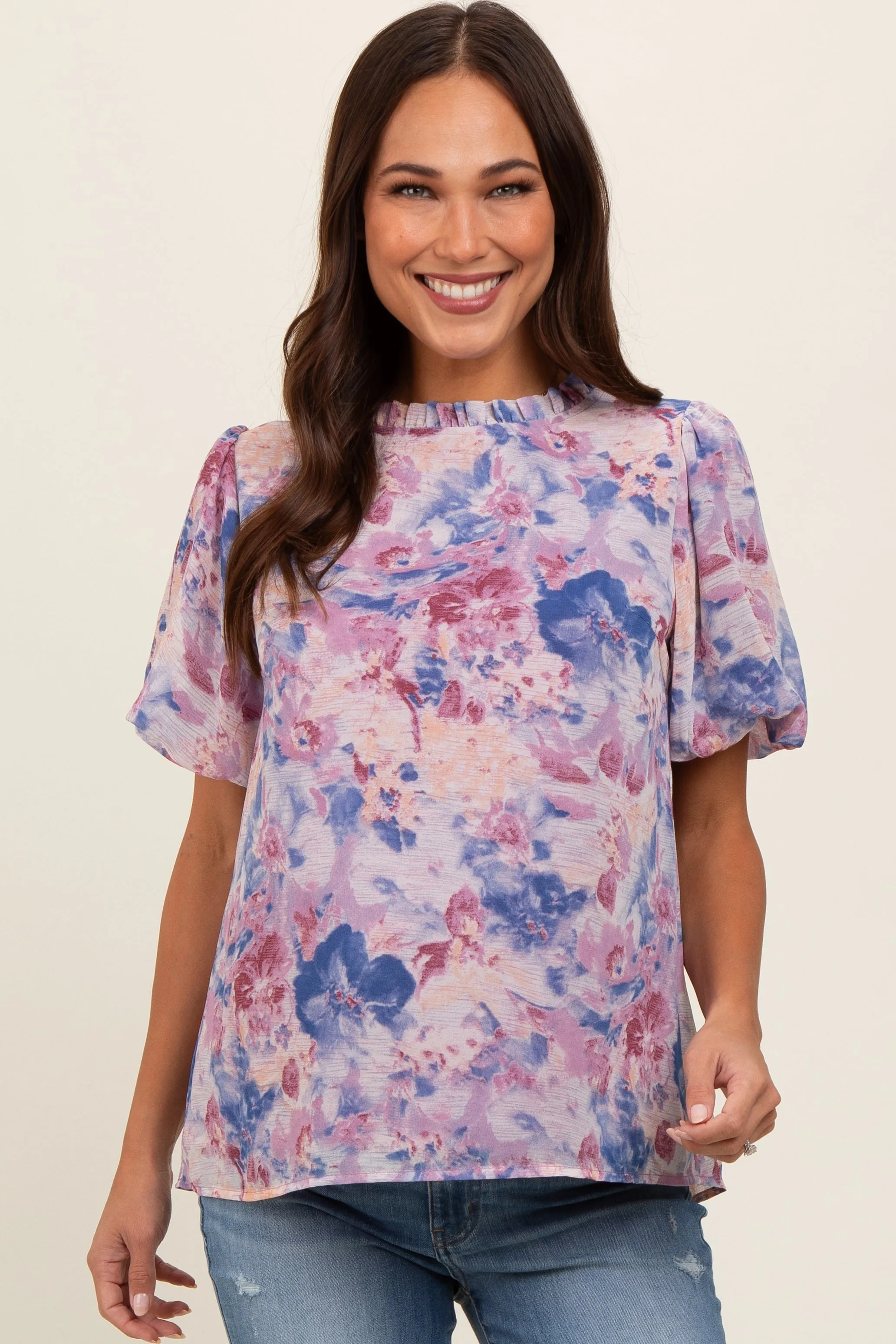 Blue Floral Puff Sleeve Maternity Blouse sold by Pinkblush