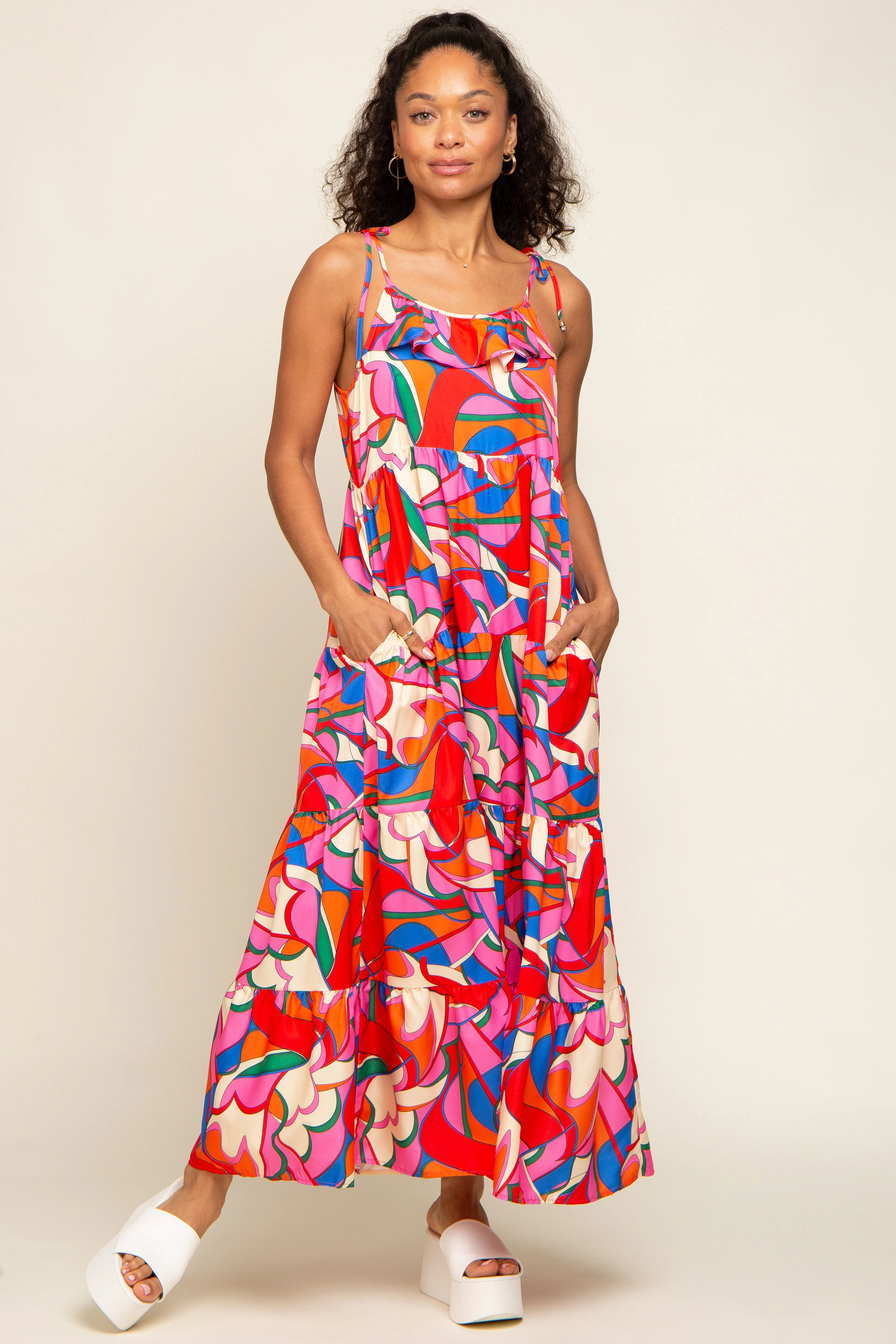 Coral Multi-Color Printed Tiered Dress sold by Pinkblush product image thumbnail 4