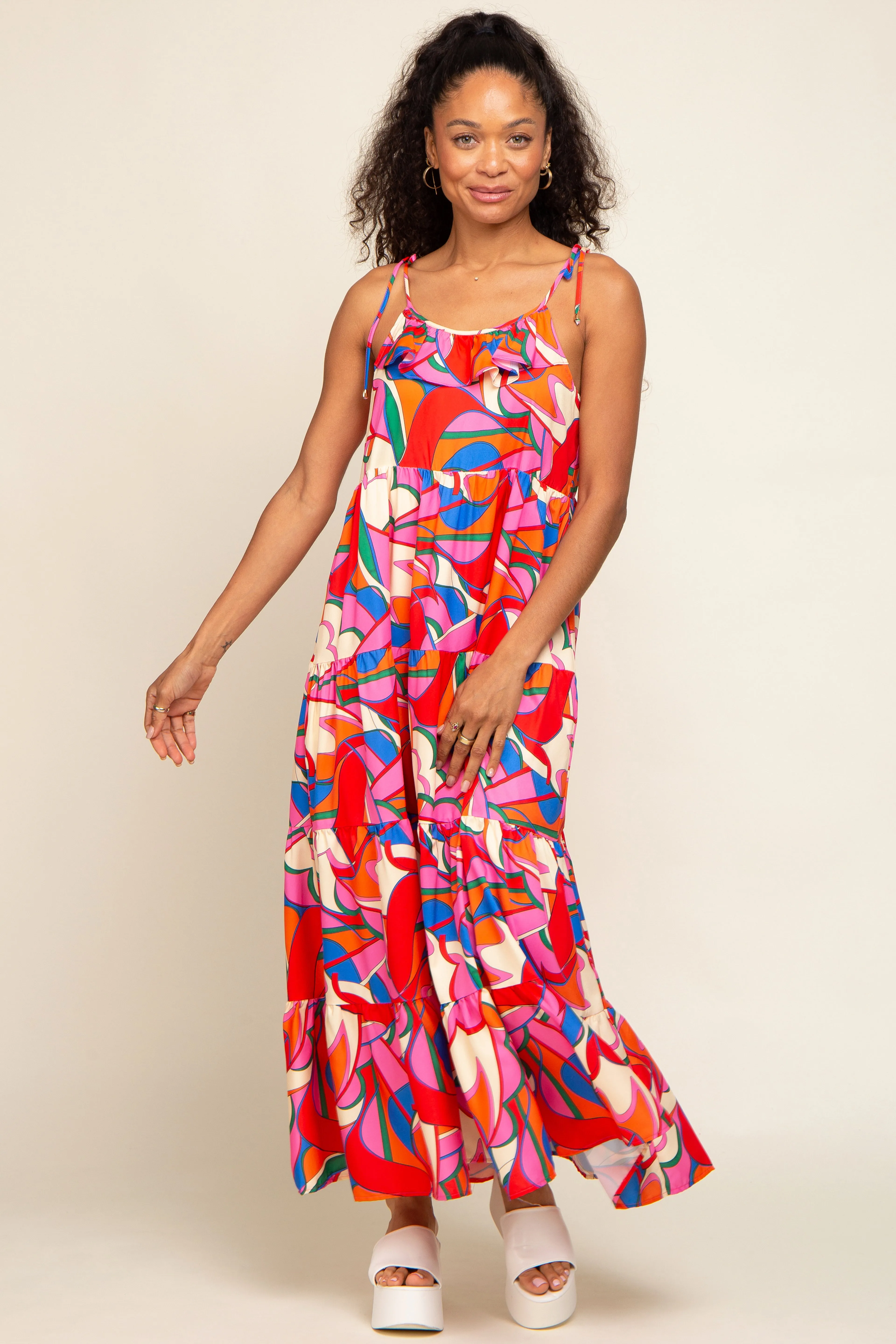 Coral Multi-Color Printed Tiered Dress sold by Pinkblush