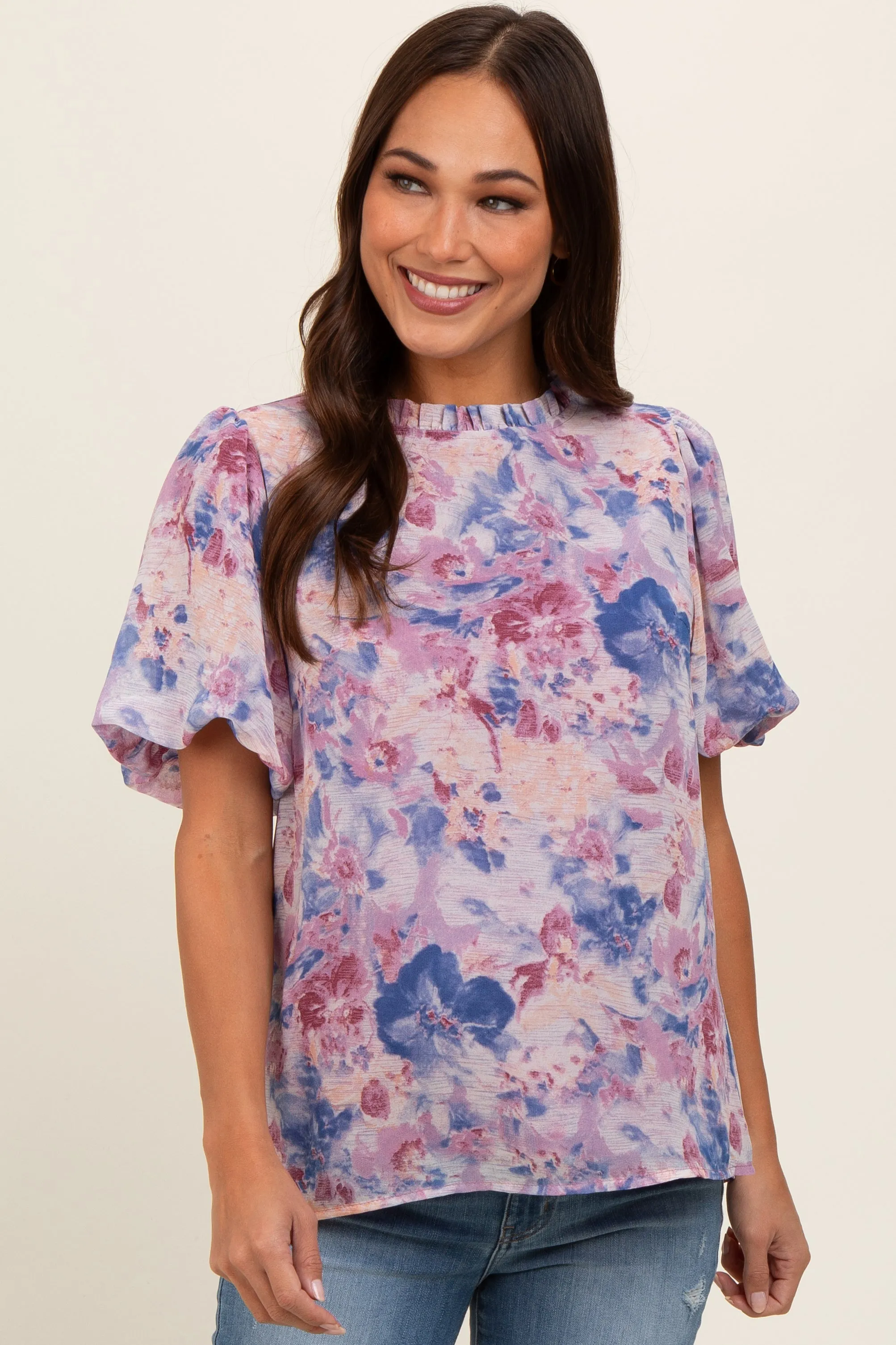 Blue Floral Puff Sleeve Maternity Blouse sold by Pinkblush product image thumbnail 2