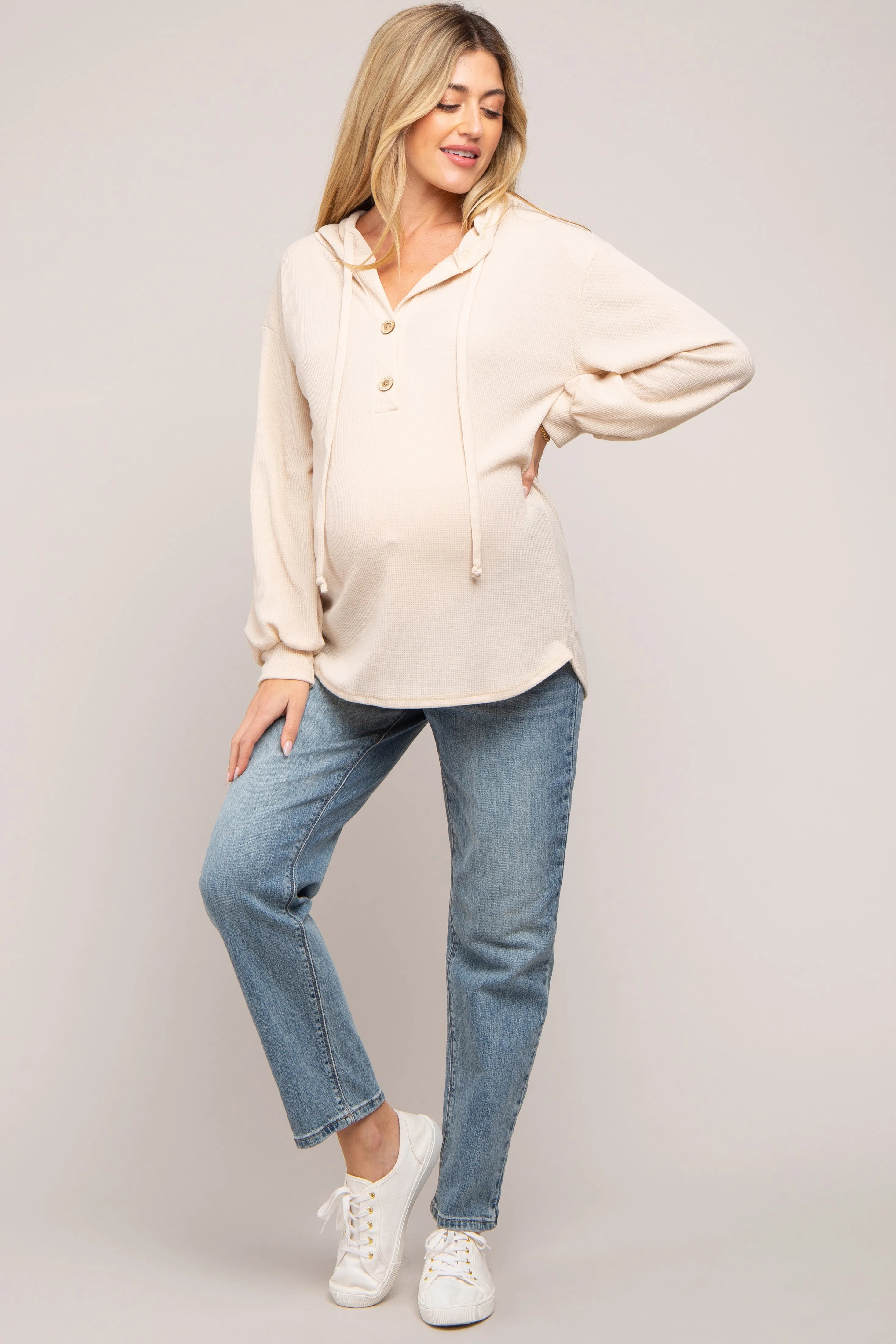 Beige Button Accent Hooded Maternity Henley Top sold by Pinkblush product image thumbnail 4