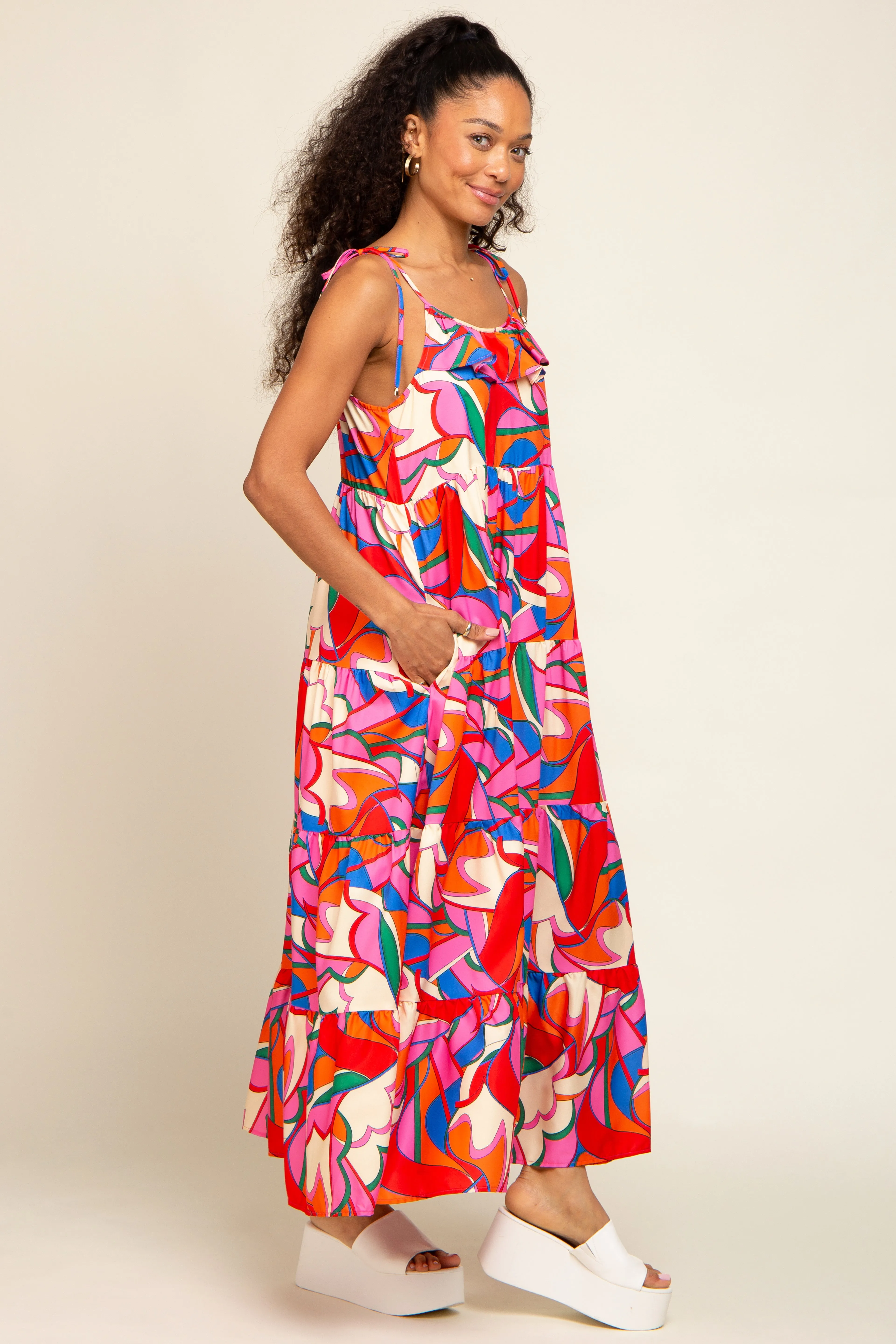 Coral Multi-Color Printed Tiered Dress sold by Pinkblush product image thumbnail 2