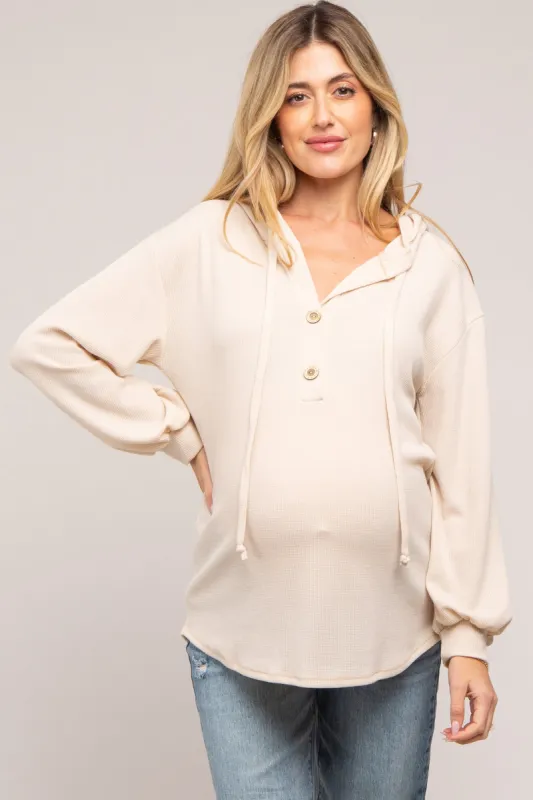 Beige Button Accent Hooded Maternity Henley Top sold by Pinkblush