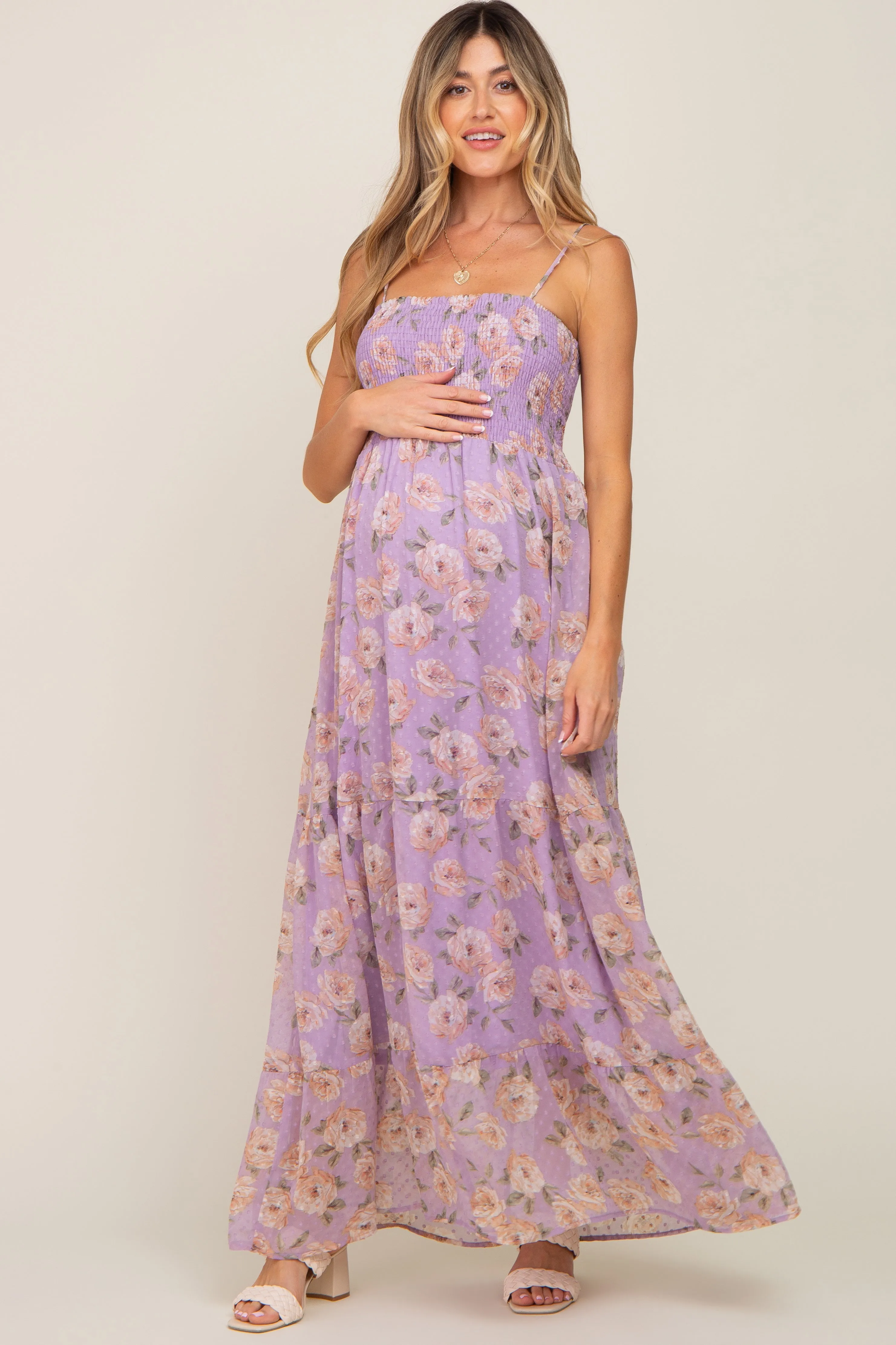 Lavender Floral Swiss Dot Smocked Maternity Maxi Dress sold by Pinkblush product image thumbnail 4