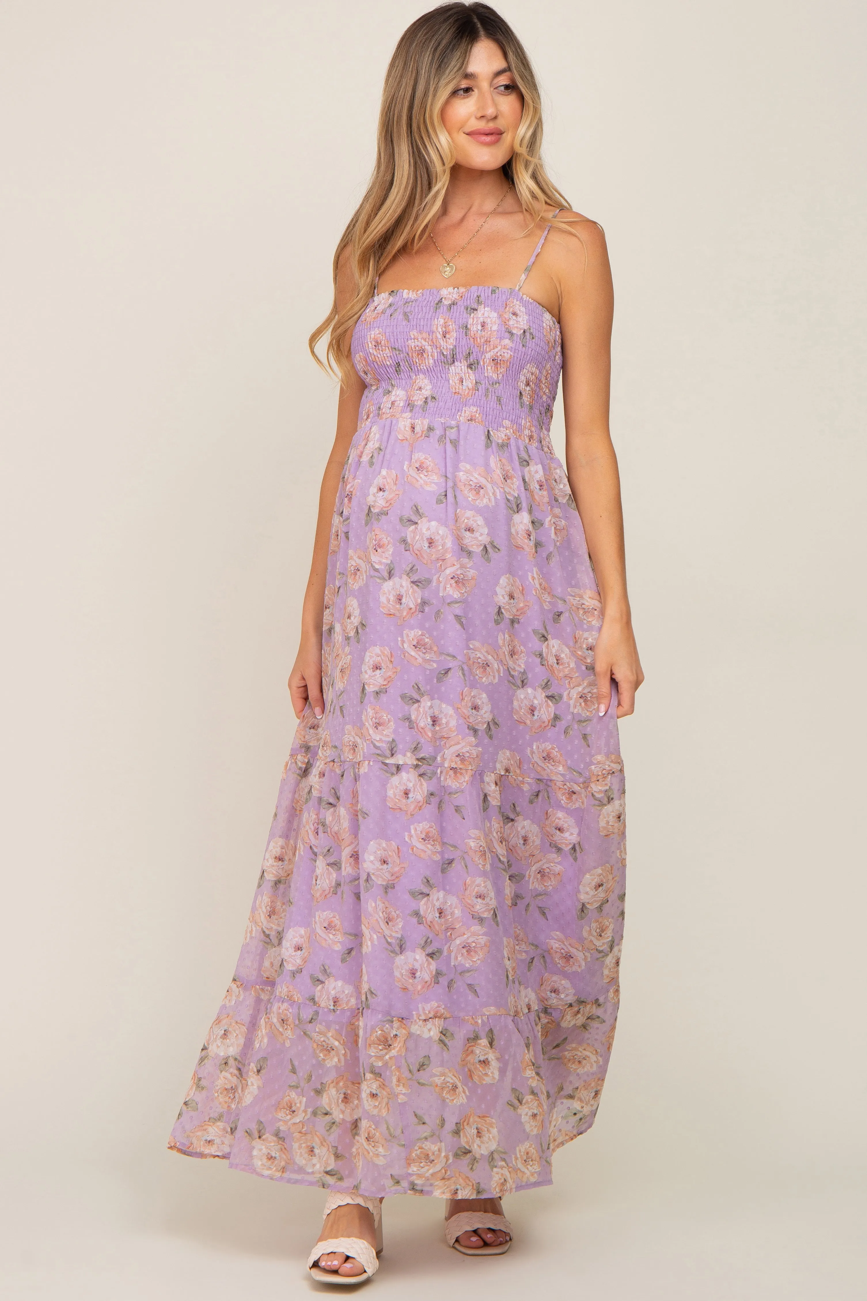 Lavender Floral Swiss Dot Smocked Maternity Maxi Dress sold by Pinkblush