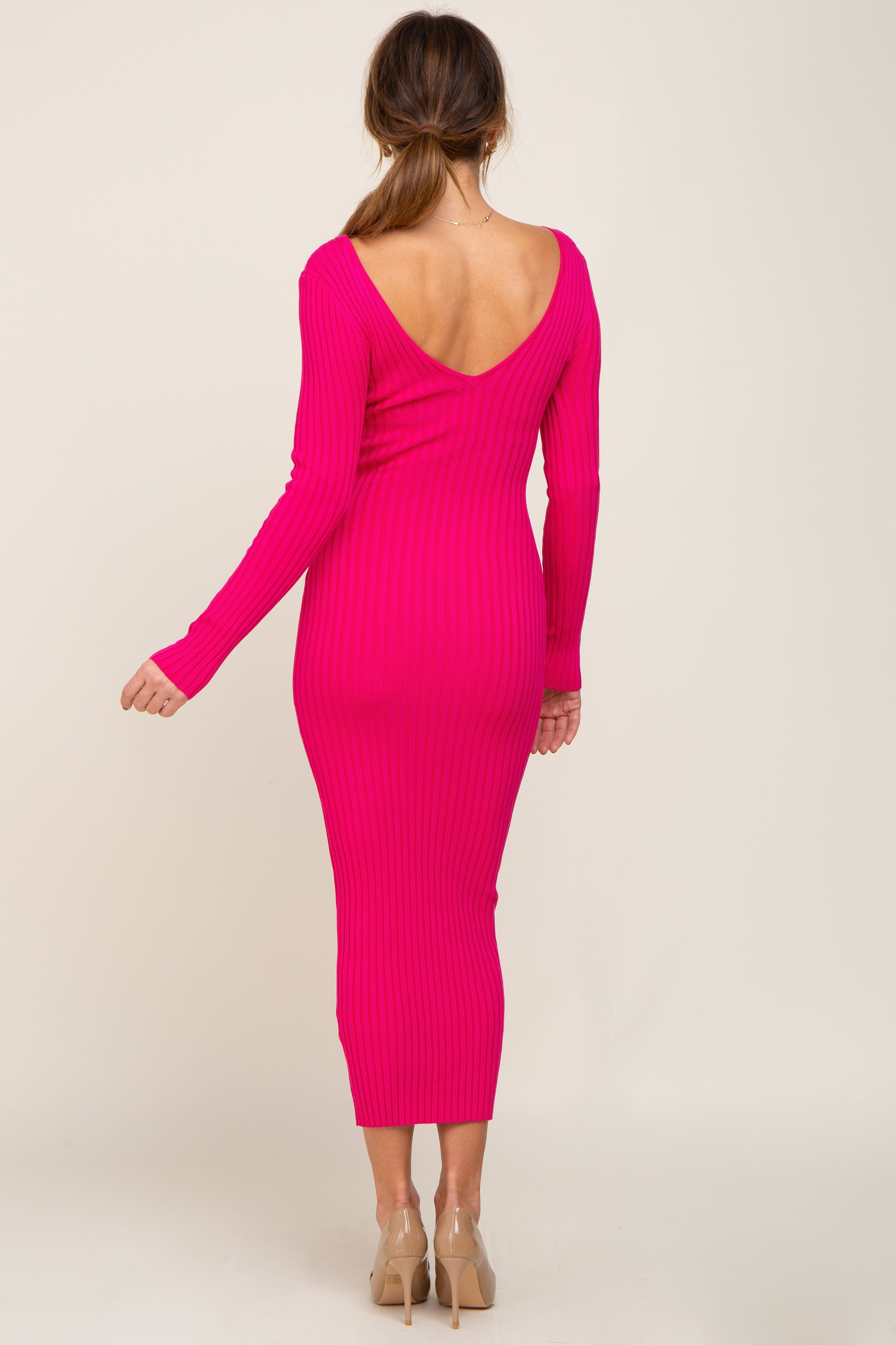 Fuchsia V-Neck Long Sleeve Fitted Maxi Dress sold by Pinkblush product image thumbnail 3