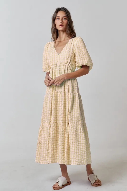 Yellow Gingham Puff Sleeve Tiered Midi Dress sold by Pinkblush