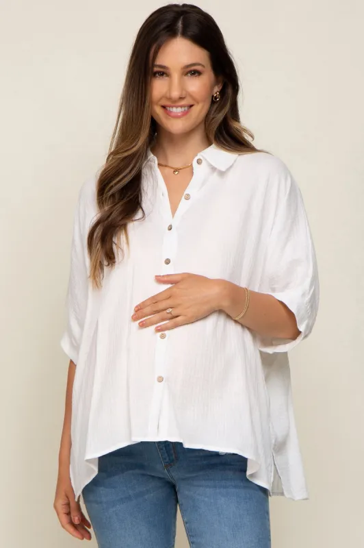 White Button Down Collared Maternity Top sold by Pinkblush