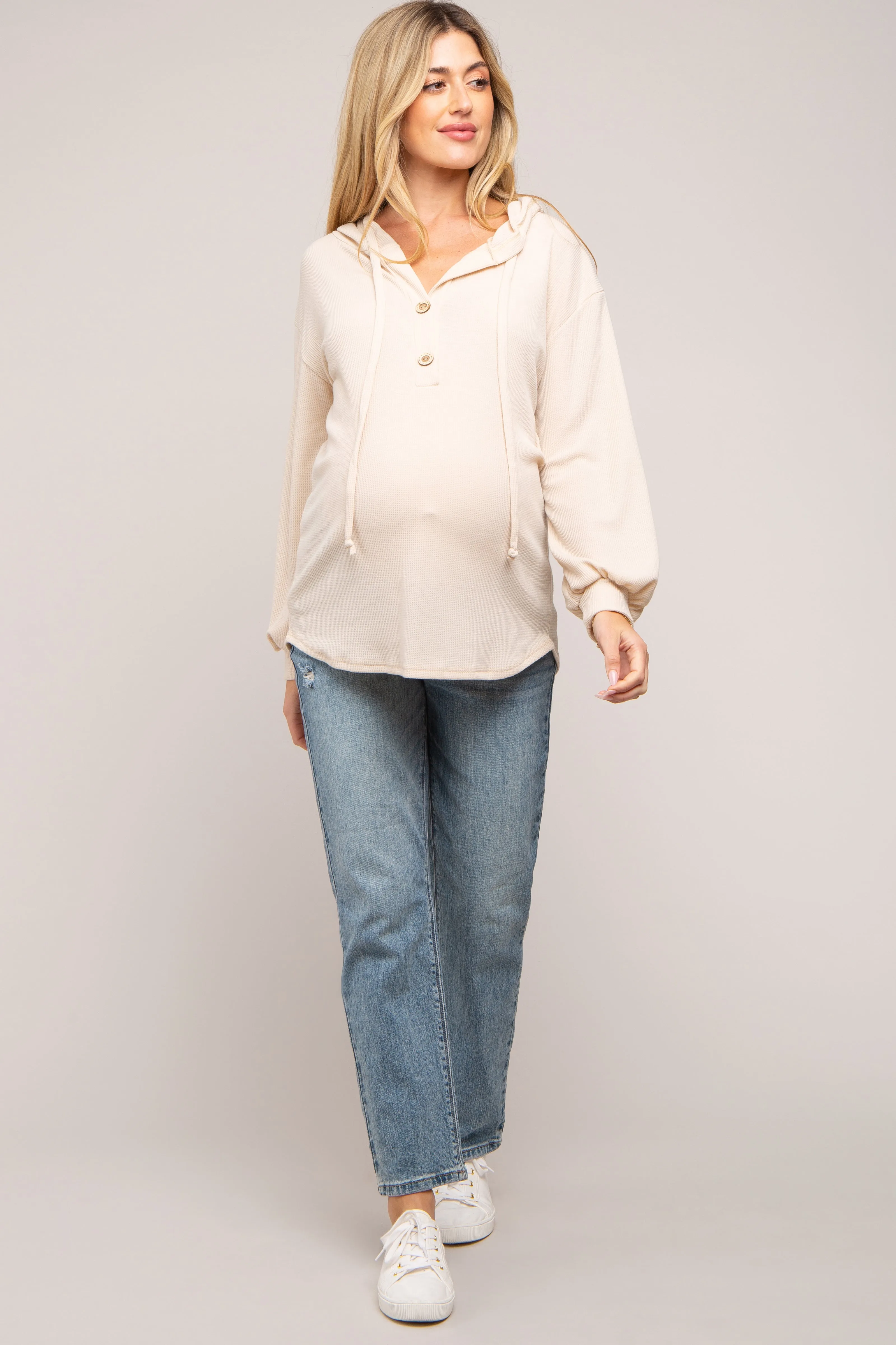Beige Button Accent Hooded Maternity Henley Top sold by Pinkblush product image thumbnail 5