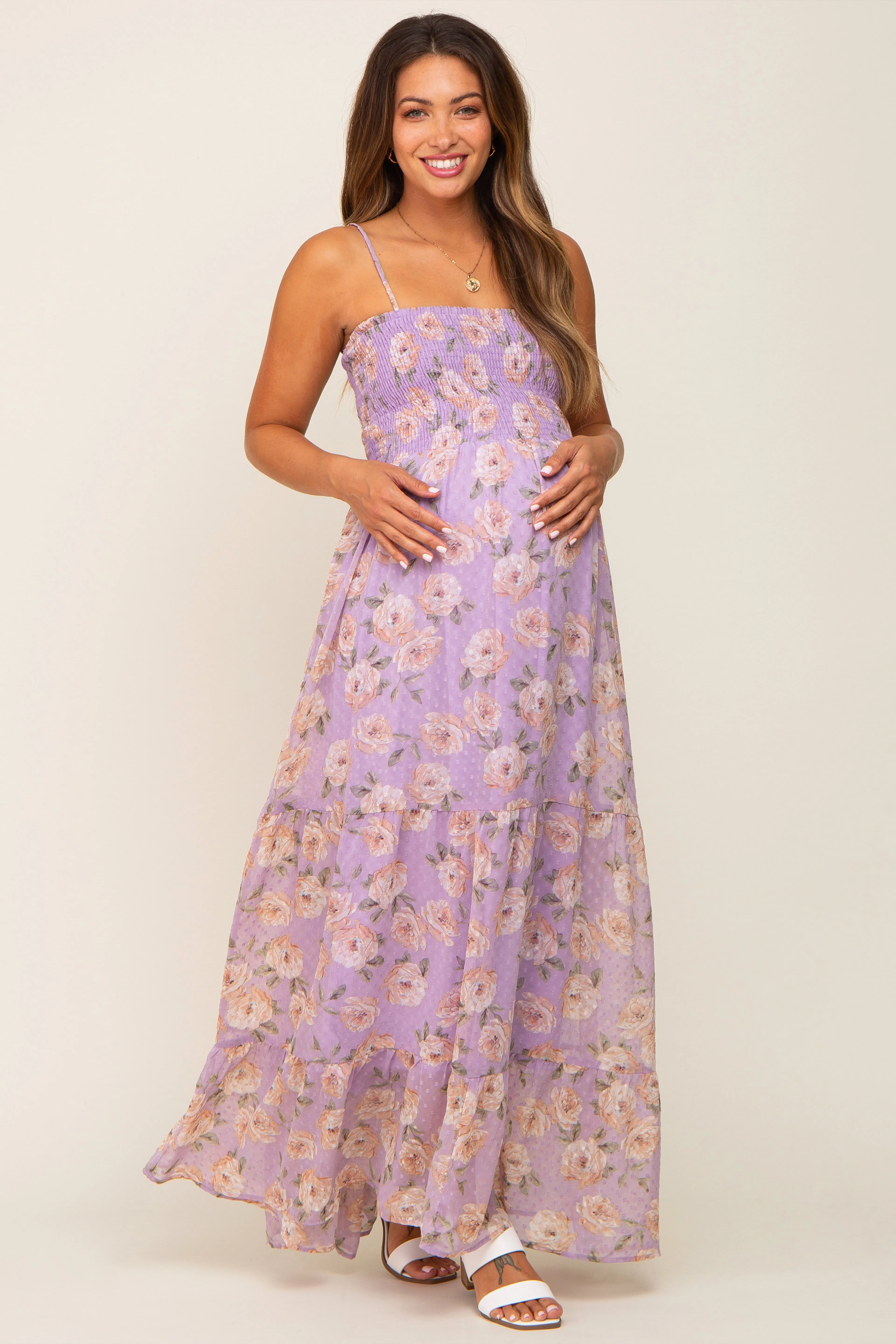 Lavender Floral Swiss Dot Smocked Maternity Maxi Dress sold by Pinkblush product image thumbnail 5