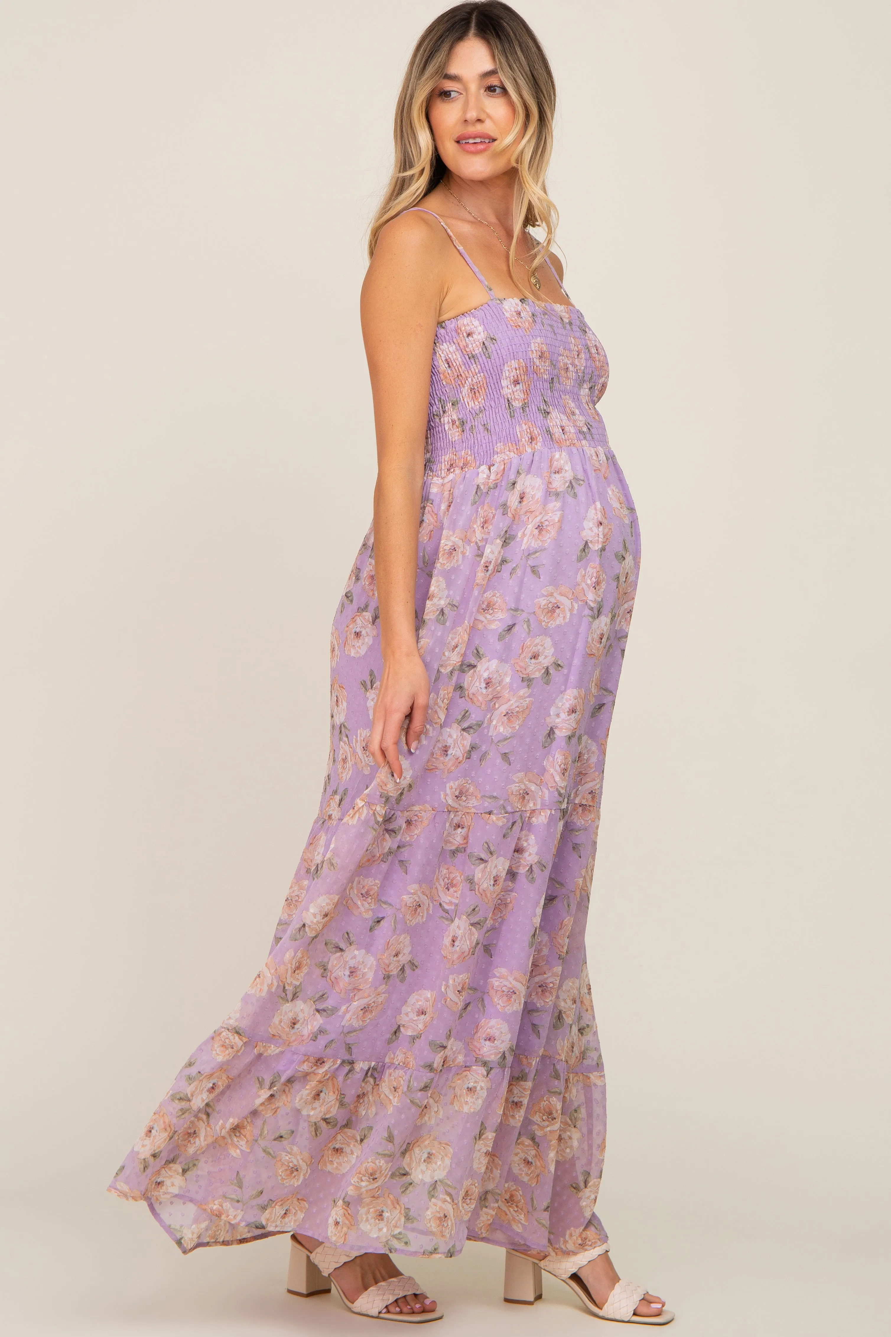 Lavender Floral Swiss Dot Smocked Maternity Maxi Dress sold by Pinkblush product image thumbnail 2