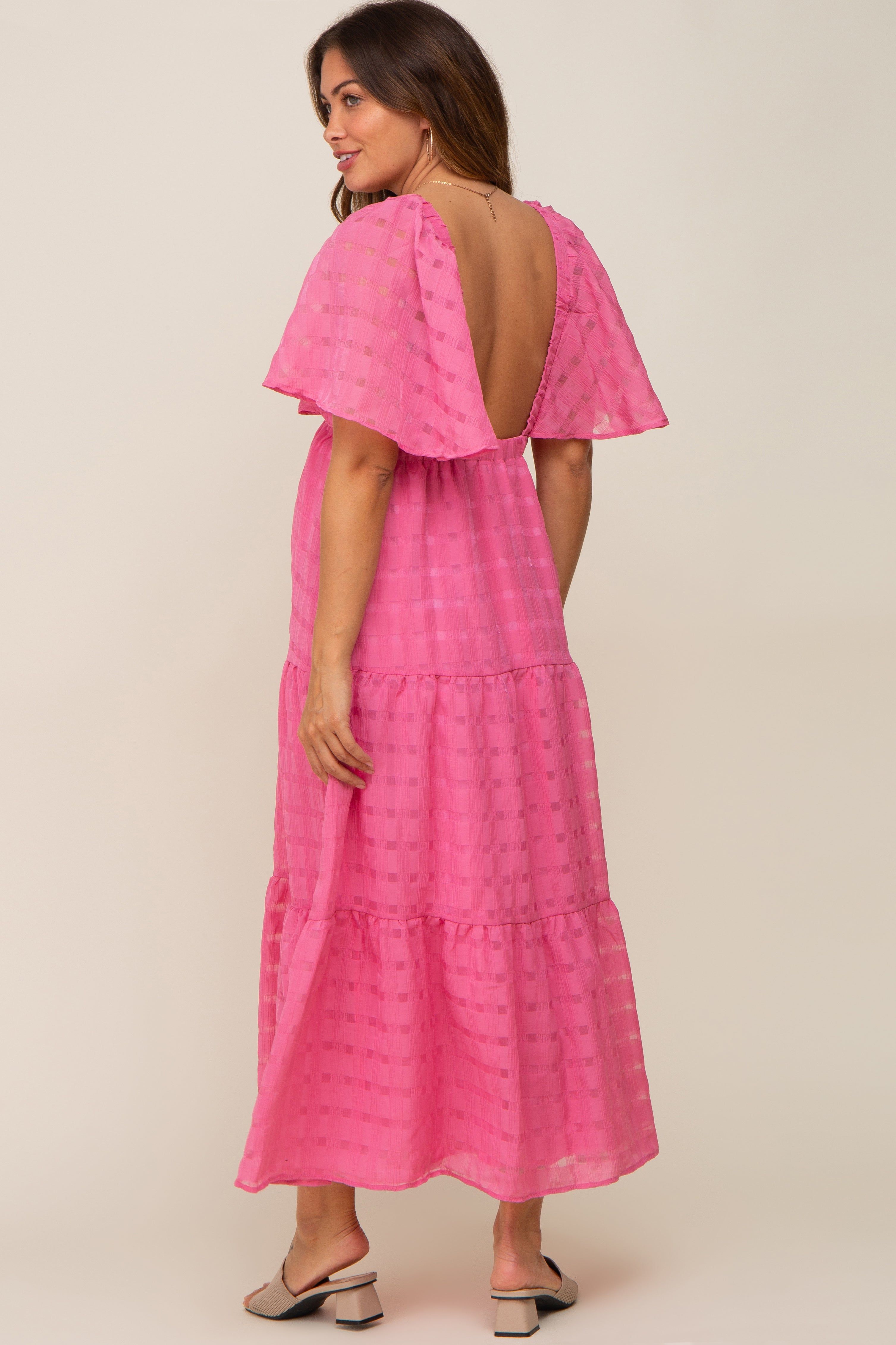 Pink Gingham Chiffon Tiered Maternity Midi Dress sold by Pinkblush product image thumbnail 3