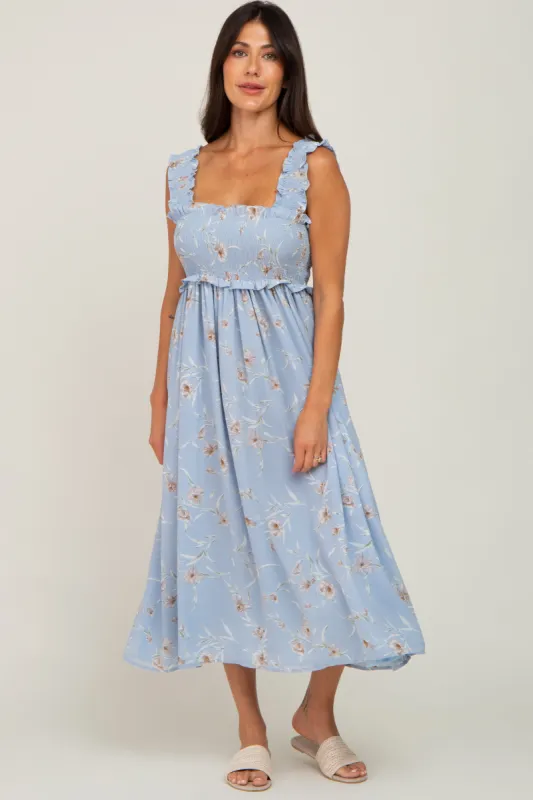 Light Blue Floral Smocked Square Neck Sleeveless Midi Dress sold by Pinkblush