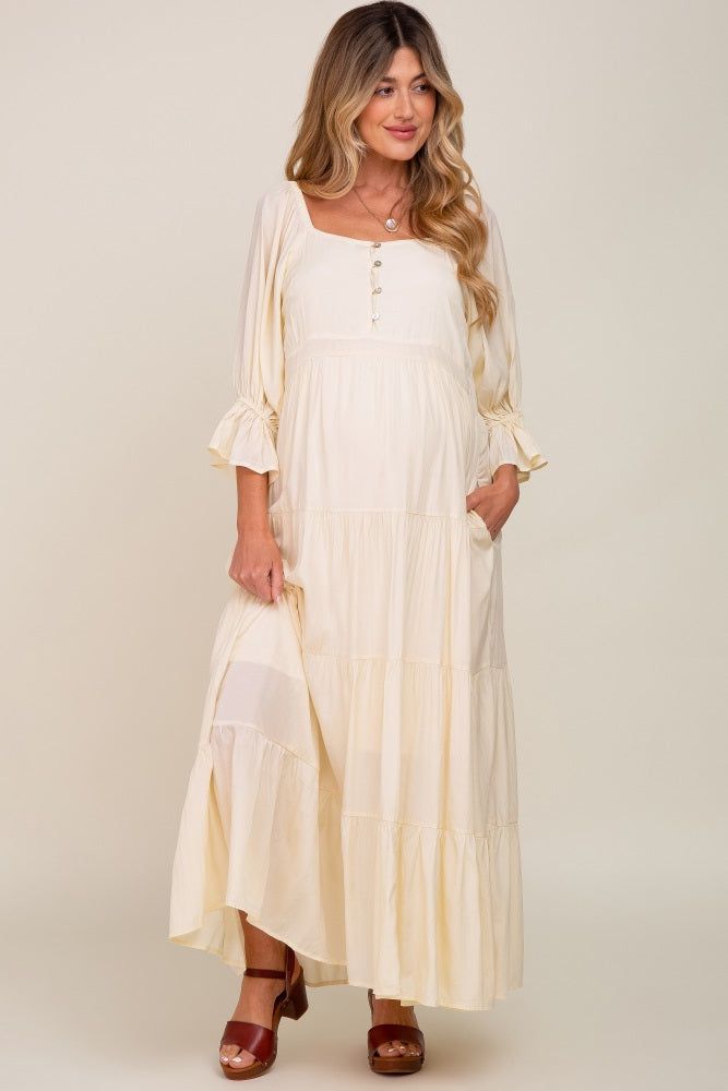 Cream Square Neck Button Front 3/4 Bell Sleeve Maternity Maxi Dress sold by Pinkblush product image thumbnail 4