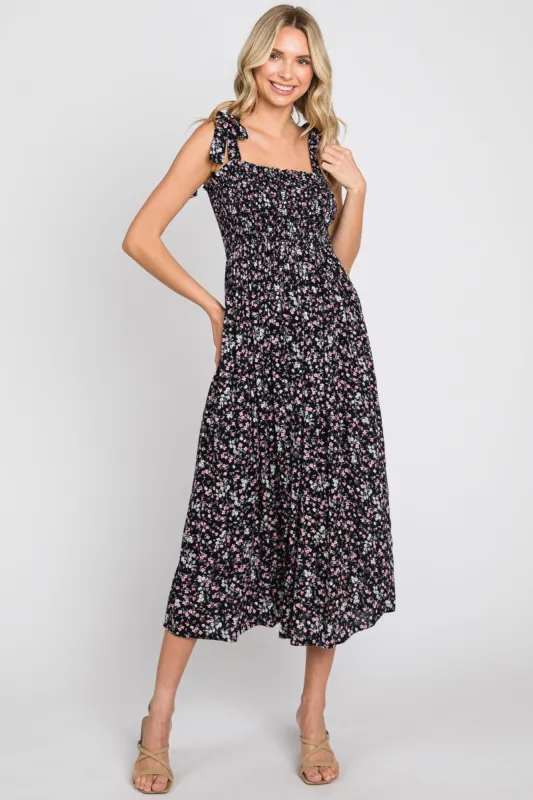 Black Micro Floral Smocked Dress sold by Pinkblush