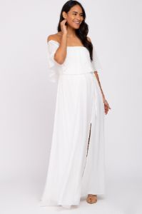 Ivory Chiffon Off Shoulder Maternity Maxi Dress sold by Pinkblush