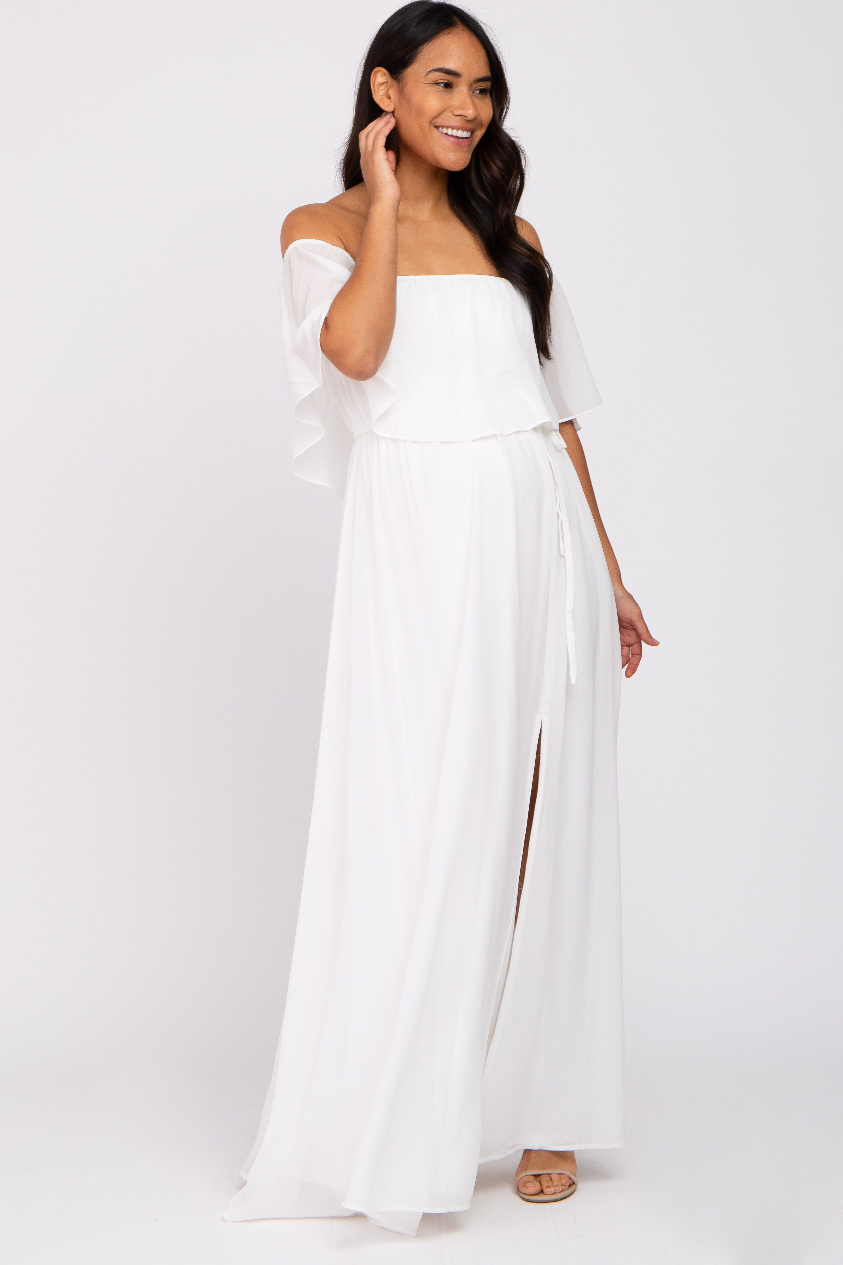 Ivory Chiffon Off Shoulder Maternity Maxi Dress sold by Pinkblush product image thumbnail 4