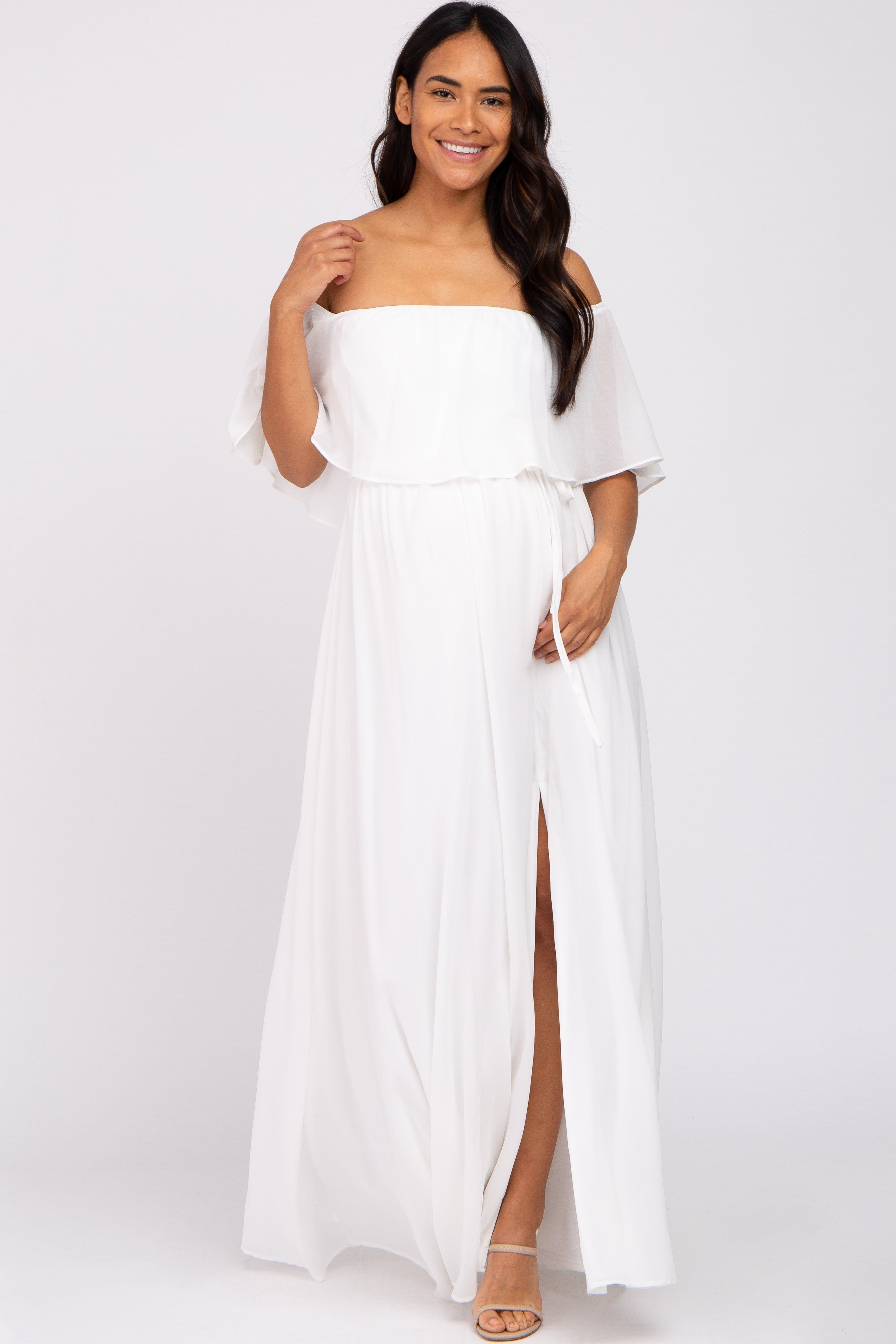 Ivory Chiffon Off Shoulder Maternity Maxi Dress sold by Pinkblush