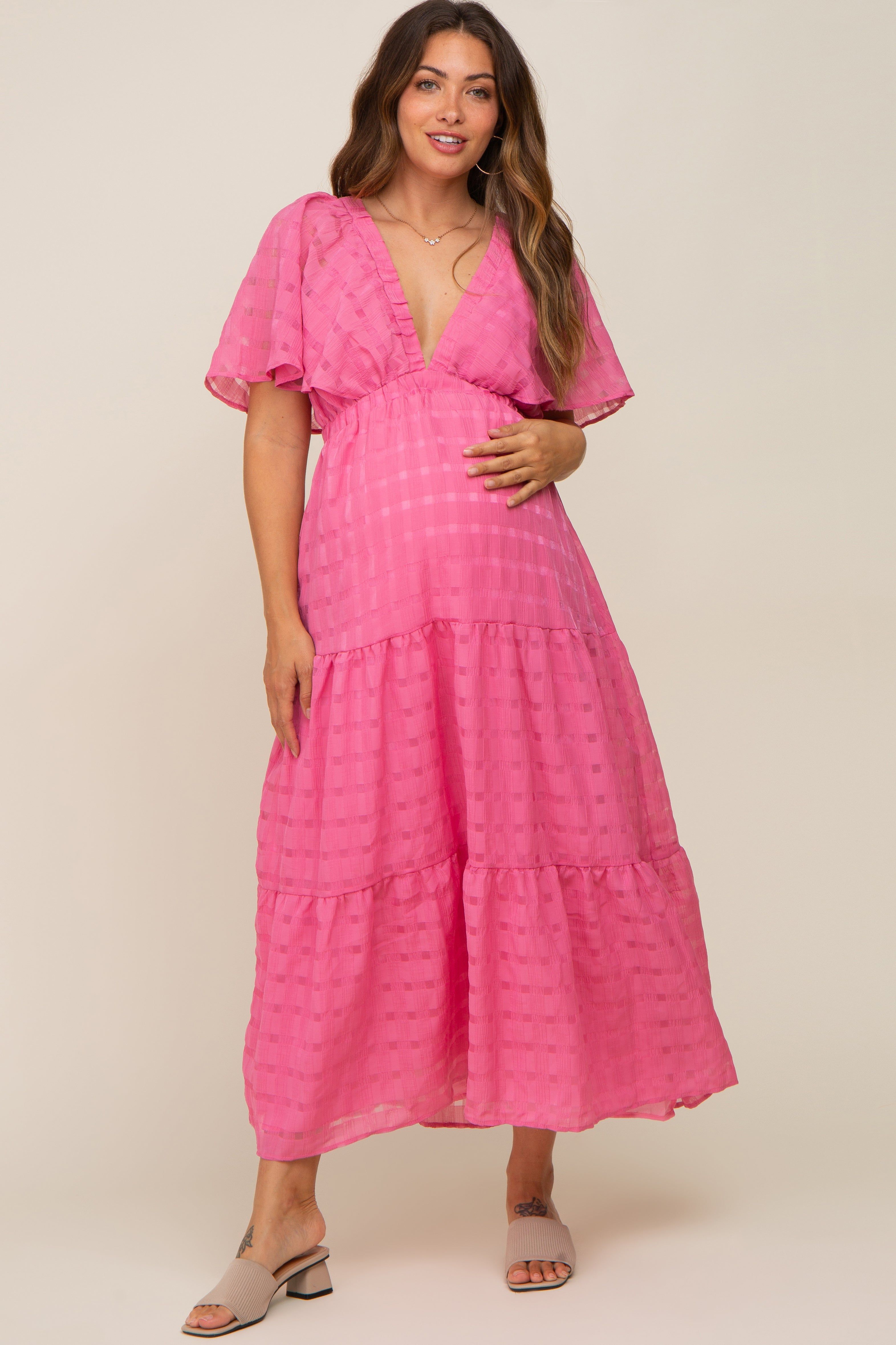 Pink Gingham Chiffon Tiered Maternity Midi Dress sold by Pinkblush product image thumbnail 4