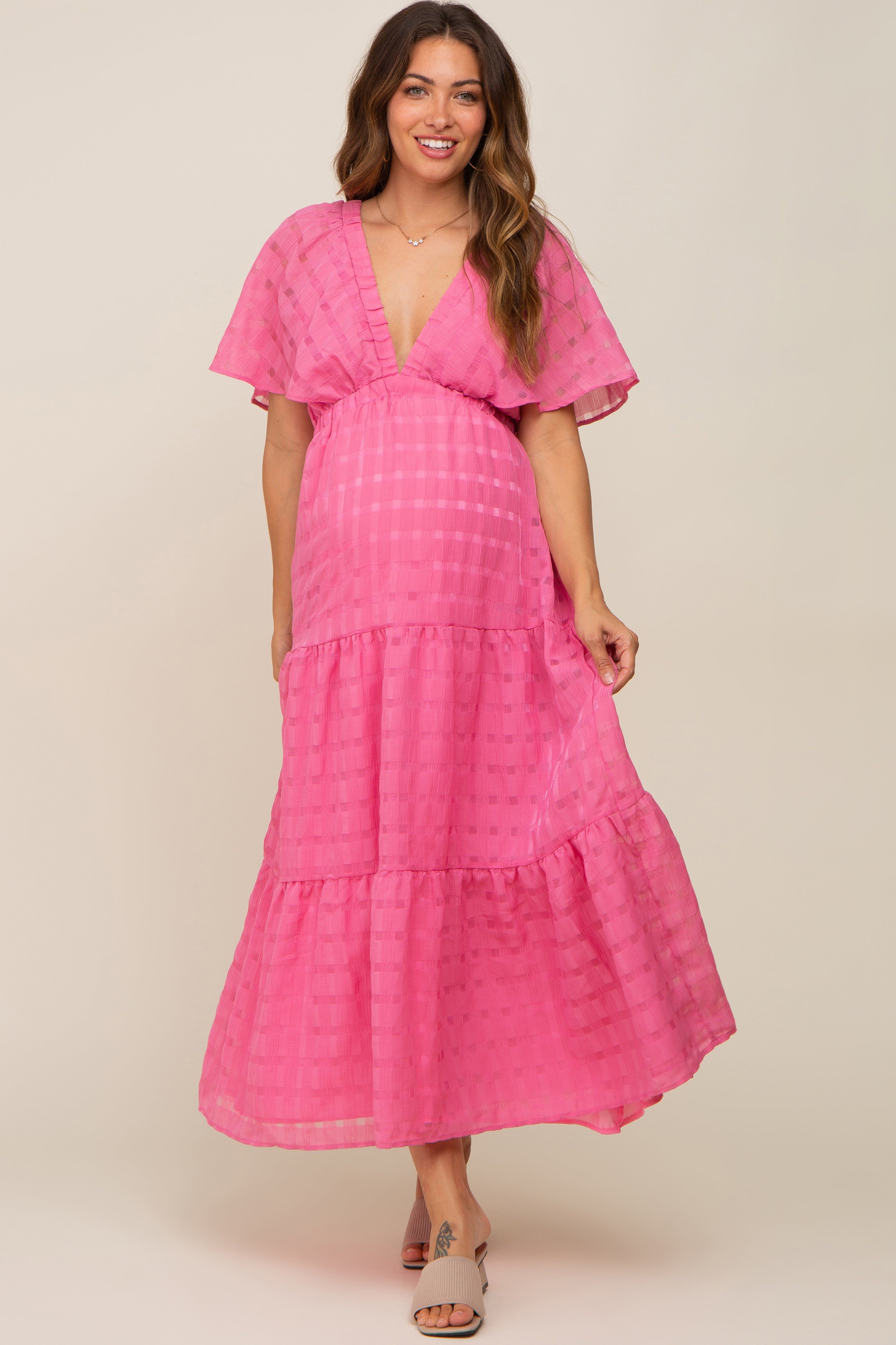 Pink Gingham Chiffon Tiered Maternity Midi Dress sold by Pinkblush