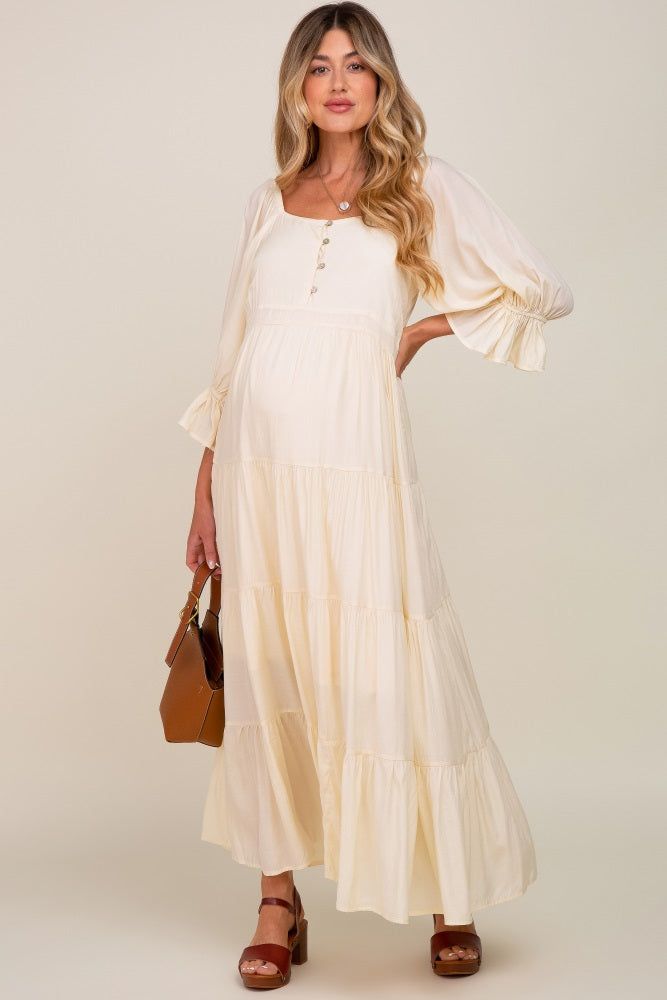 Cream Square Neck Button Front 3/4 Bell Sleeve Maternity Maxi Dress sold by Pinkblush product image thumbnail 5