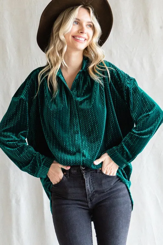 Forest Green Velvet Button Front Blouse sold by Pinkblush