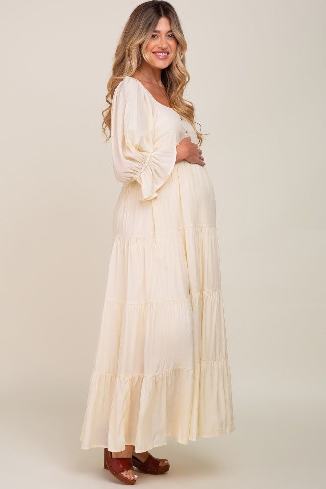 Cream Square Neck Button Front 3/4 Bell Sleeve Maternity Maxi Dress sold by Pinkblush product image thumbnail 2
