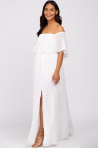Ivory Chiffon Off Shoulder Maternity Maxi Dress sold by Pinkblush