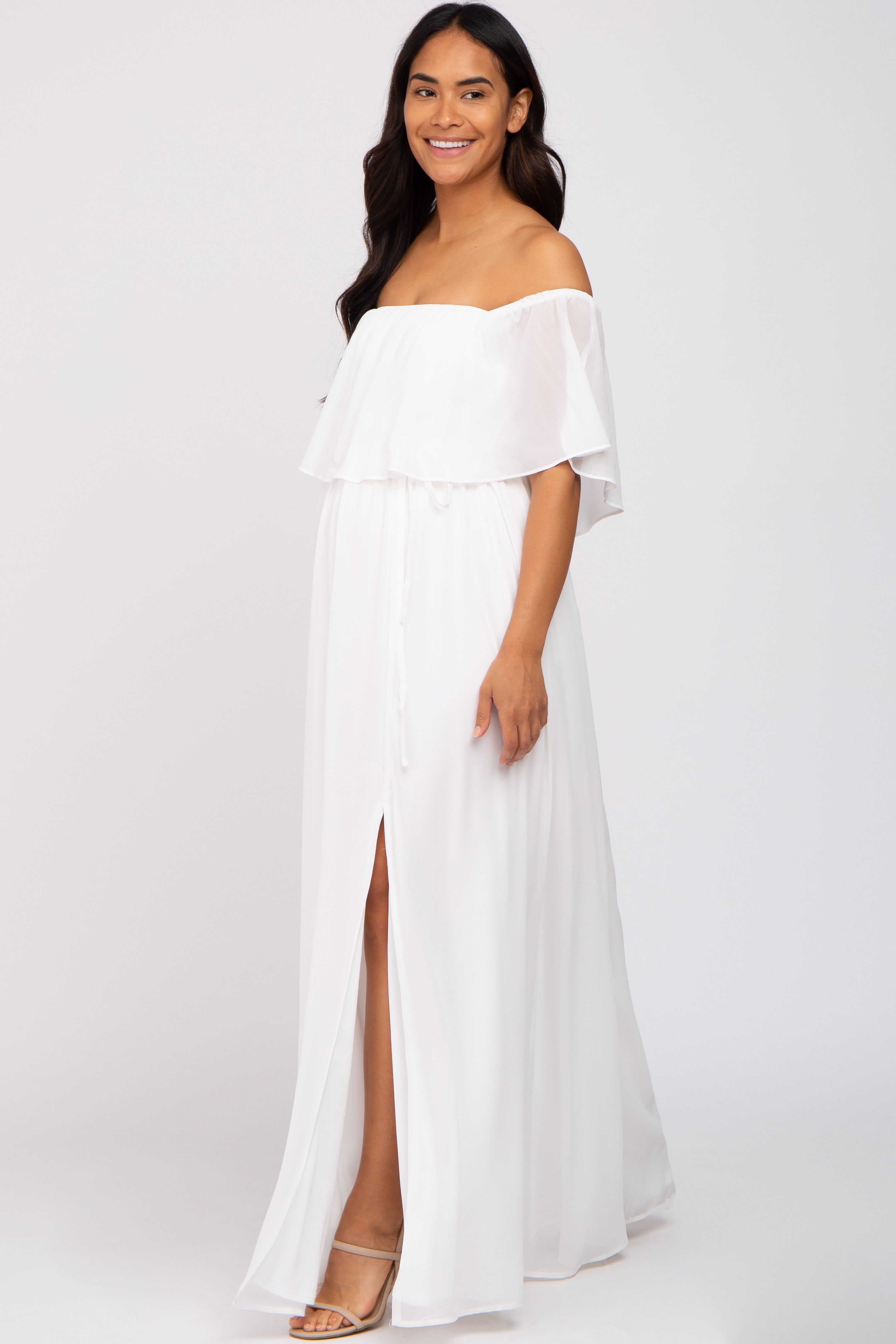 Ivory Chiffon Off Shoulder Maternity Maxi Dress sold by Pinkblush product image thumbnail 2