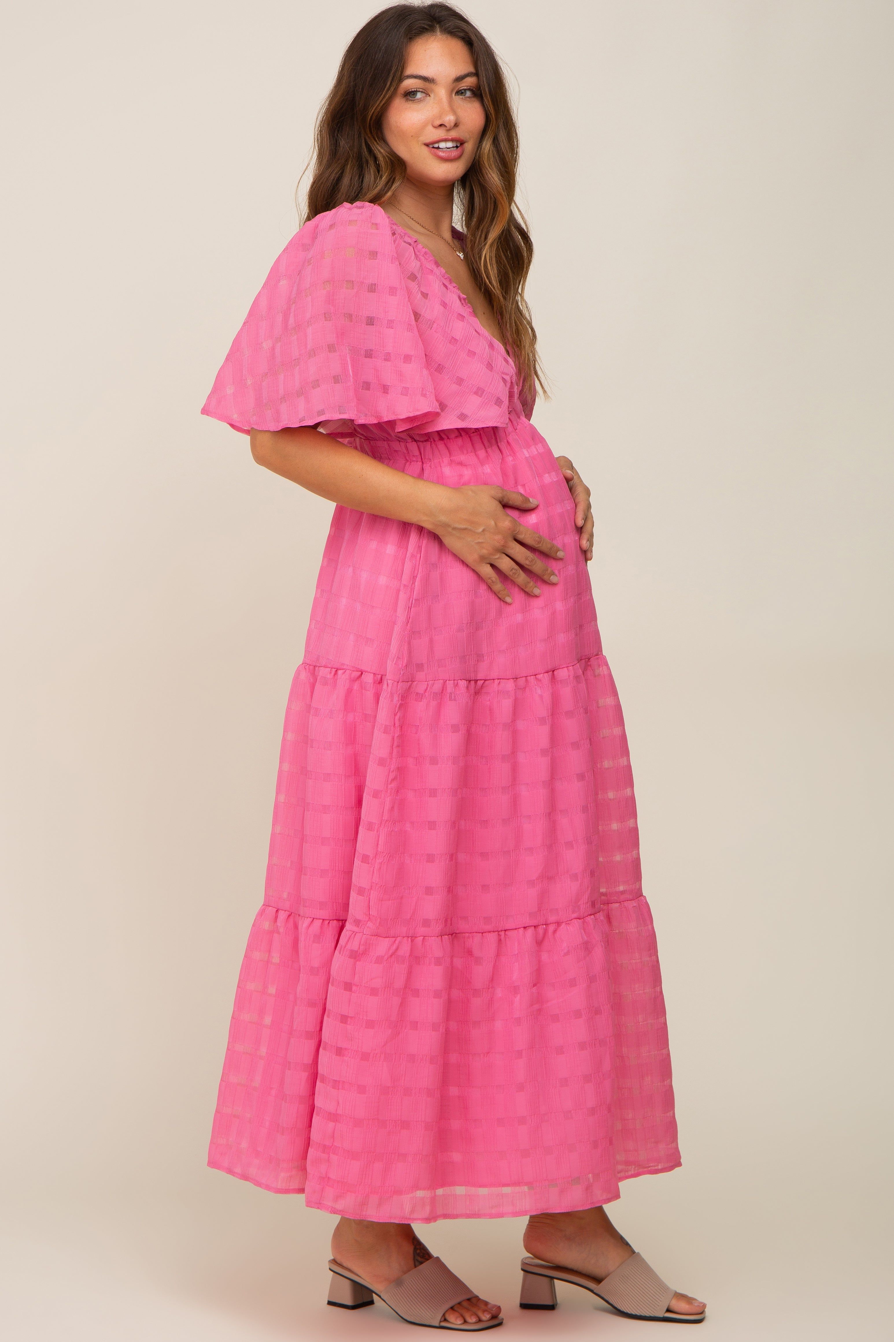 Pink Gingham Chiffon Tiered Maternity Midi Dress sold by Pinkblush product image thumbnail 2