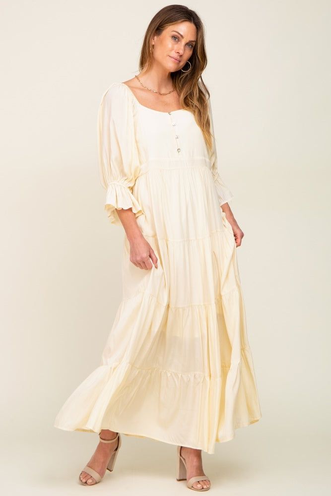 Cream Square Neck Button Front 3/4 Bell Sleeve Maternity Maxi Dress sold by Pinkblush product image thumbnail 6