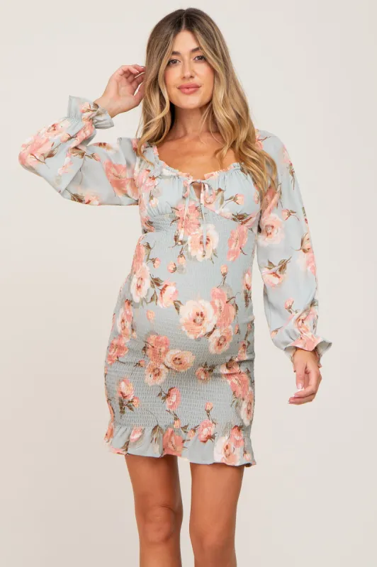 Mint Green Floral Sweetheart Neck Smocked Long Sleeve Maternity Dress sold by Pinkblush
