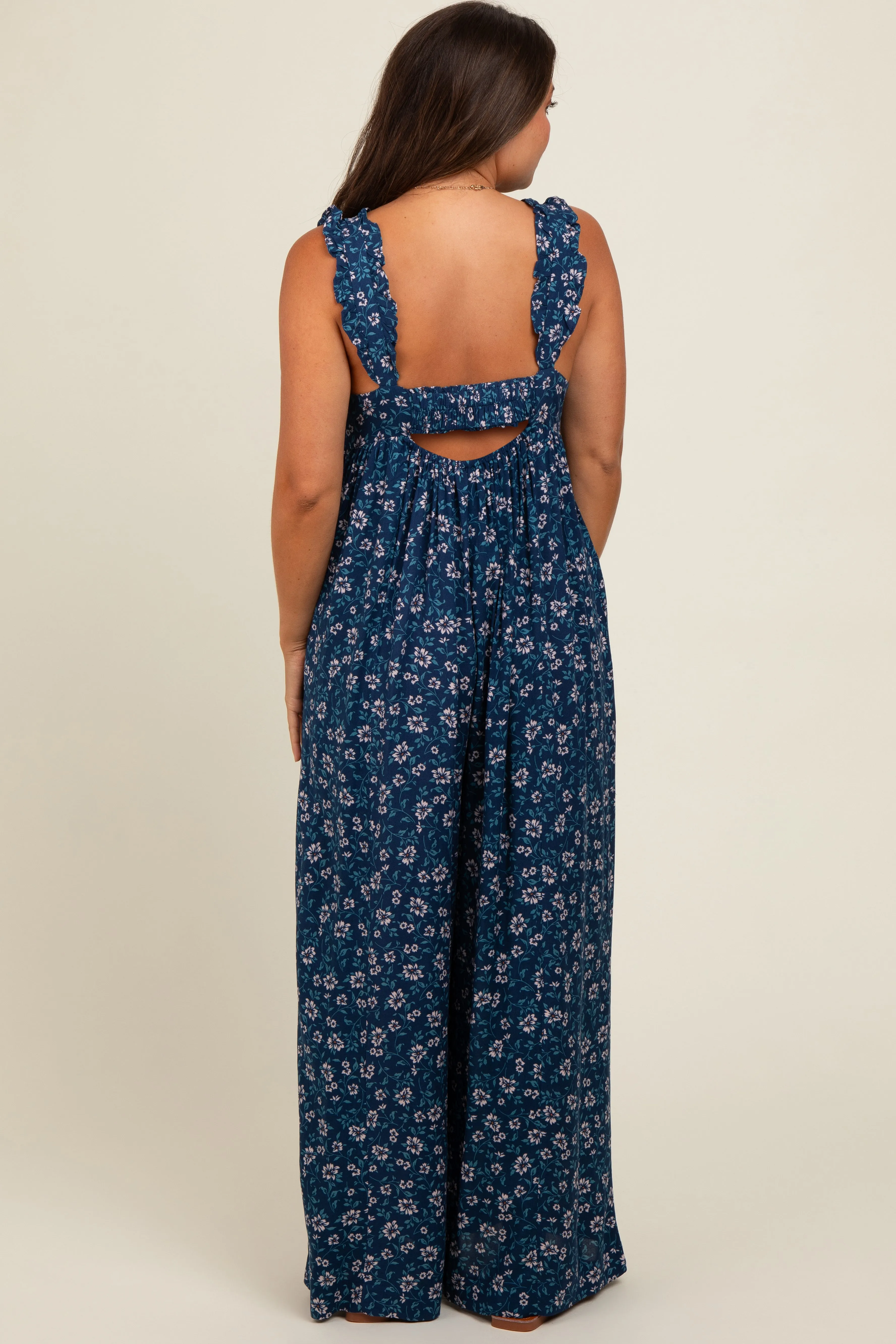 Navy Blue Back Cutout Wide Leg Maternity Jumpsuit sold by Pinkblush product image thumbnail 3